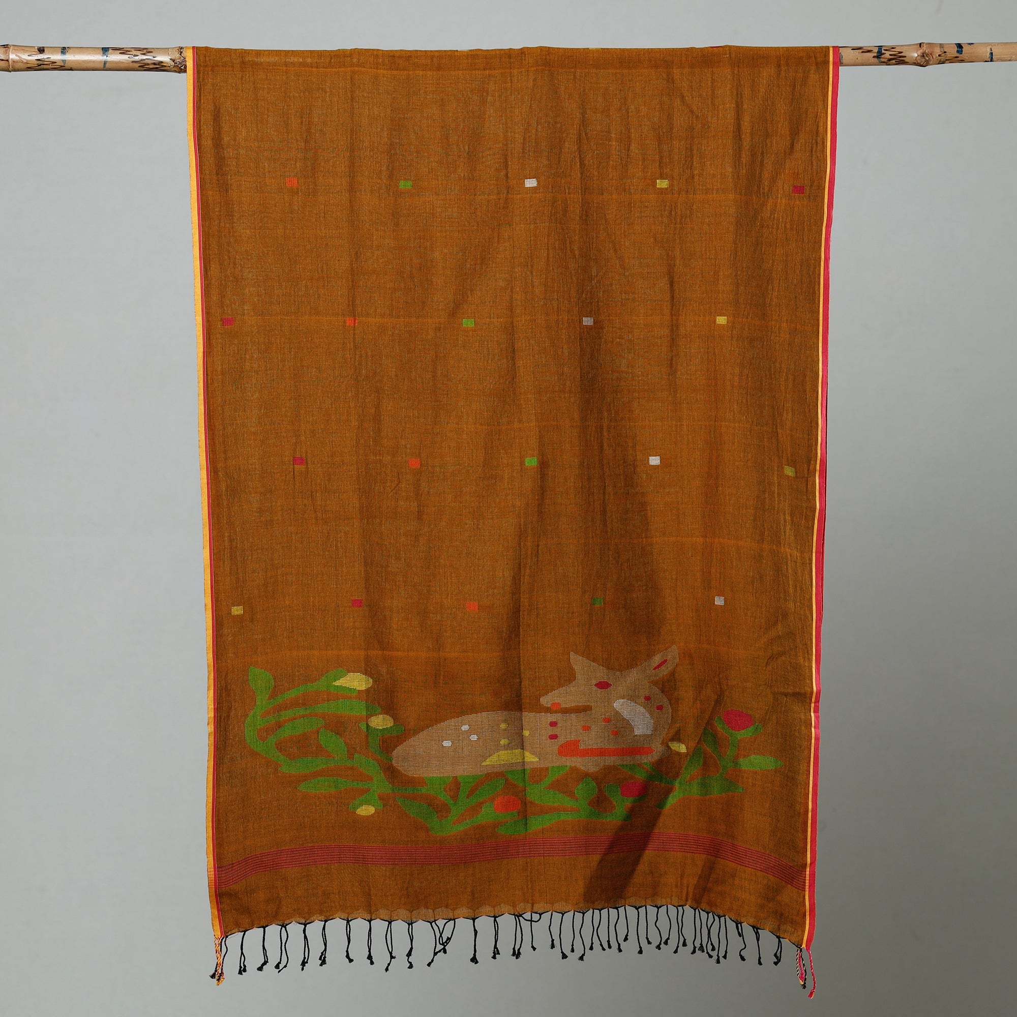 ALANKRITA Brown - Jamdani Handloom Cotton Stole with Tassels - view 2