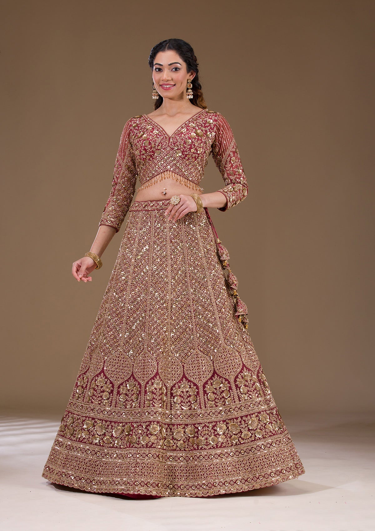 Koskii Light Brown Sequins Net Readymade Lehenga - view 4