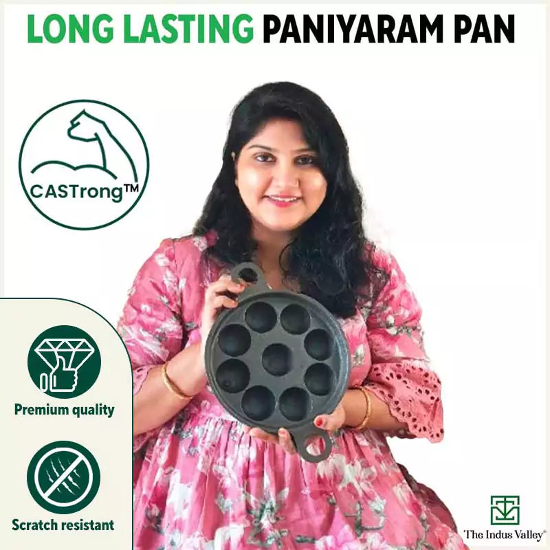 The Indus Valley 9 Pit/Cup CASTrong Cast Iron Paniyaram/Appe Pan+ Glass Lid, Pre-seasoned, Natural Nonstick, 100% Pure, Toxin-free, 21 cm, 2.7 kg - view 10