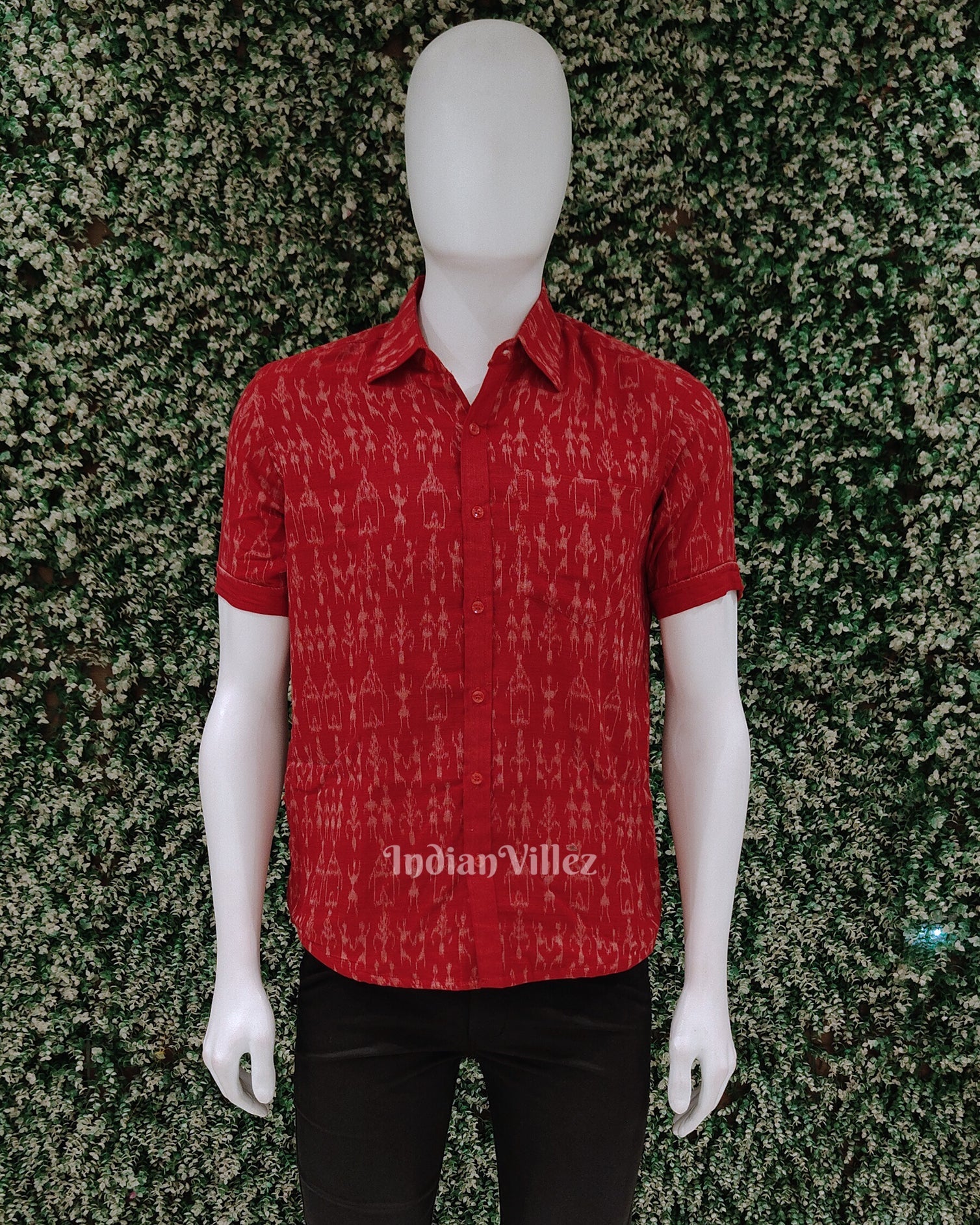 IndianVillèz Red Tribal Odisha Ikat Cotton Half Sleeve Shirt for Men