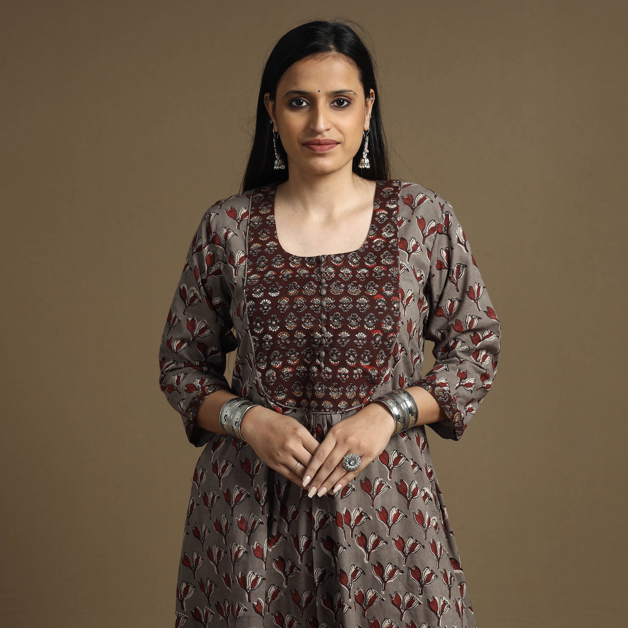 ITOKRI CASUALS Brown - Bagru Hand Block Printed Cotton A-Line Long Kurta
