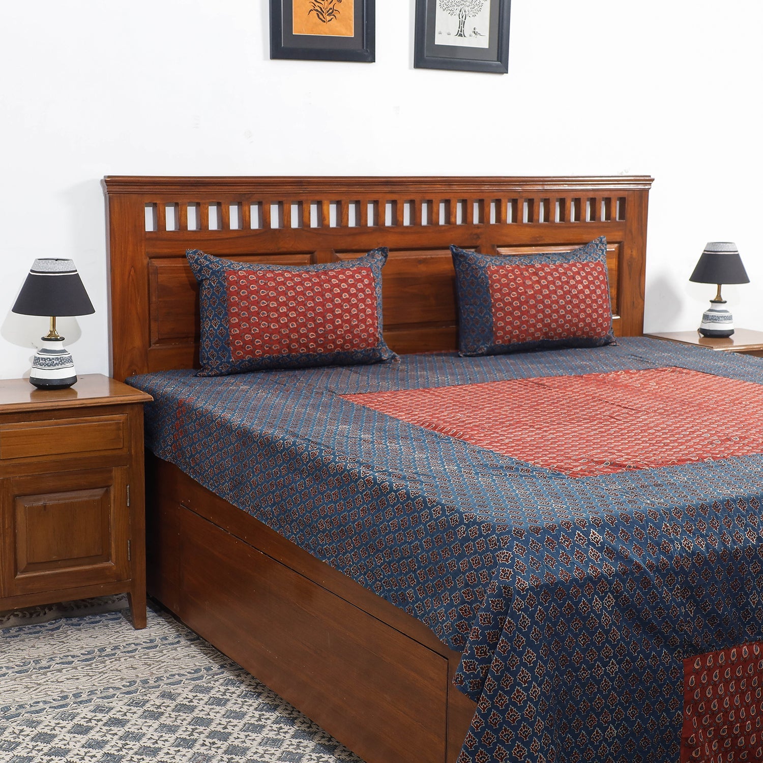 HAVELI CHRONICLES Blue - Ajrakh Patch Tukdi Kaam Cotton Double Bed Cover with Pillow Covers (109 x 86 in)