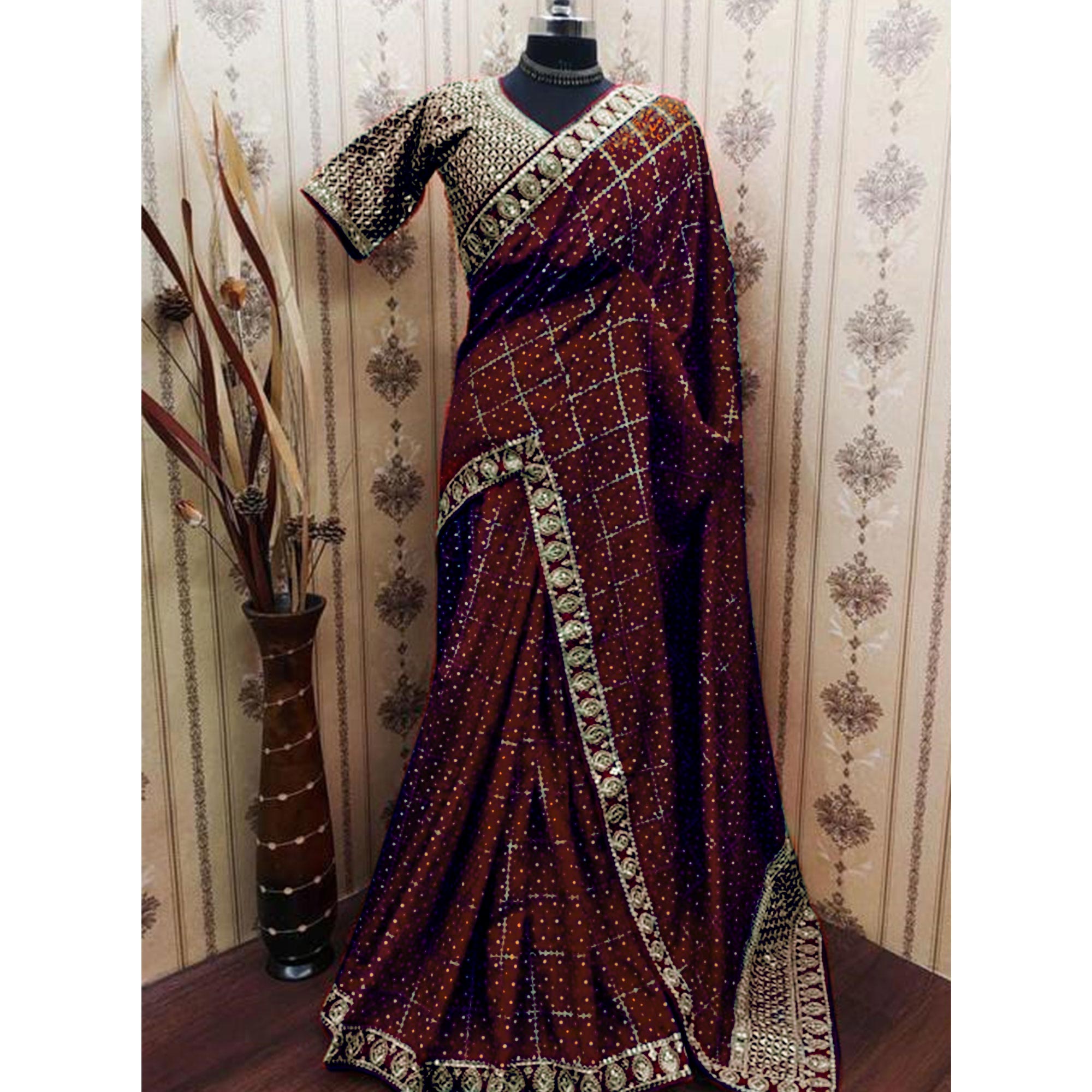 Peachmode Maroon Printed With Embroidered Border Vichitra Silk Saree - view 6