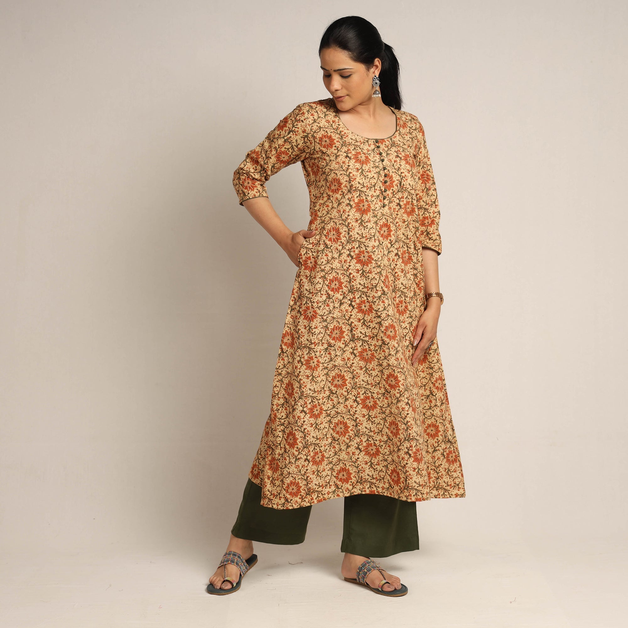 ITOKRI CASUALS Beige - Pedana Kalamkari Block Printed Cotton Kurta with Palazzo Set - view 2