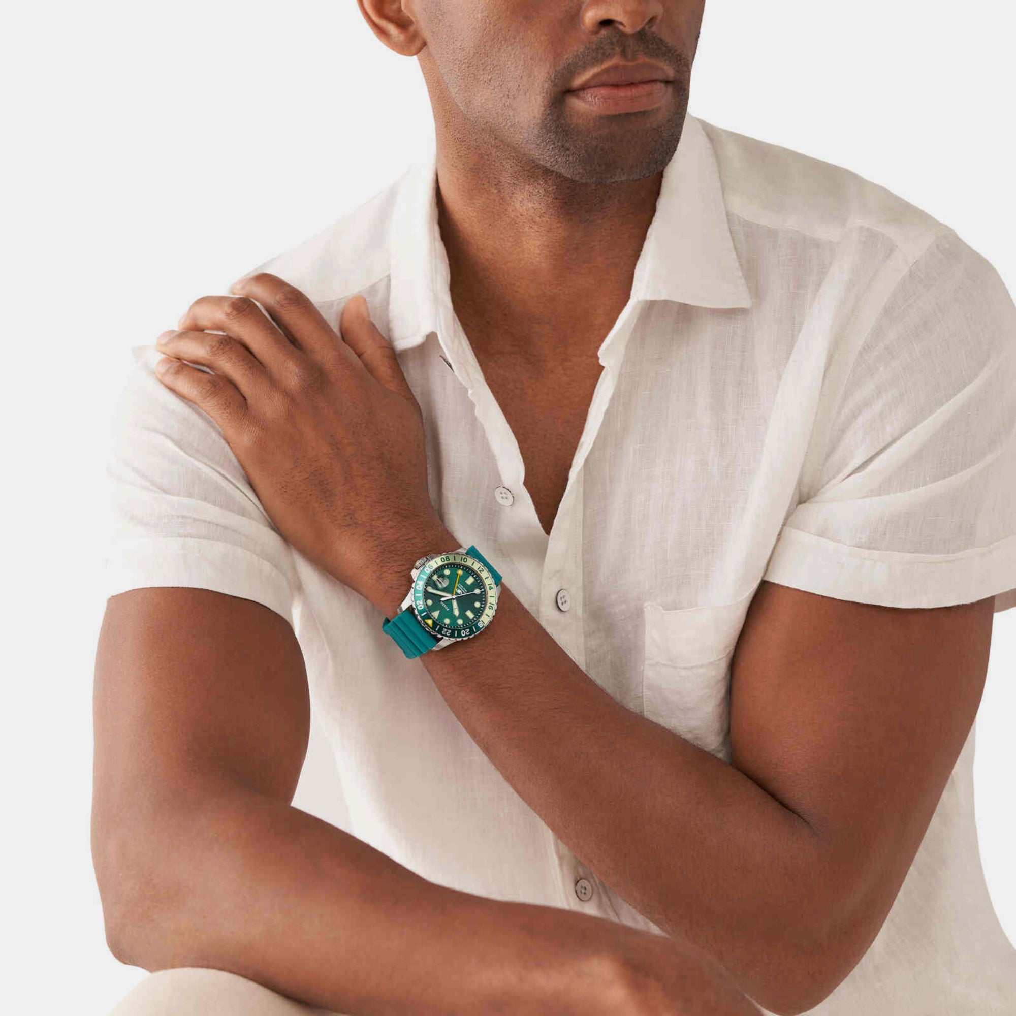 Fossil Blue Gmt Men Quartz Green Dial Analog Silicone Watch FS5992 - view 3