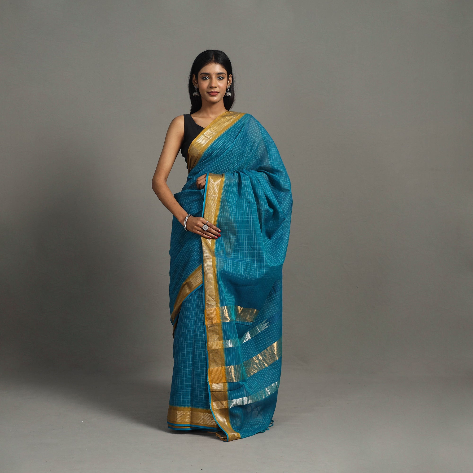 CREYO Blue - Checks Zari Dobby Cotton Handloom Saree 25