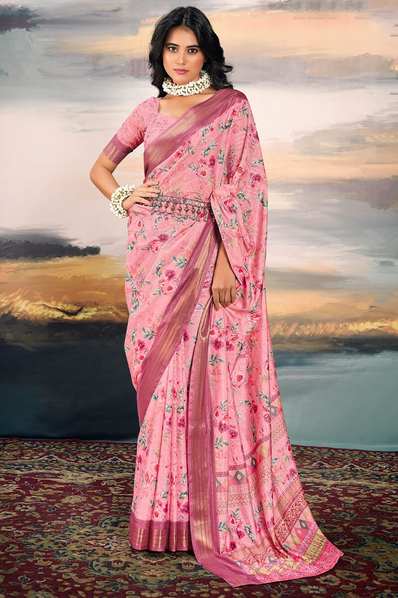 Rajpath Surpassing Pink Digital Printed Cotton Silk Saree With Angelic Blouse Piece