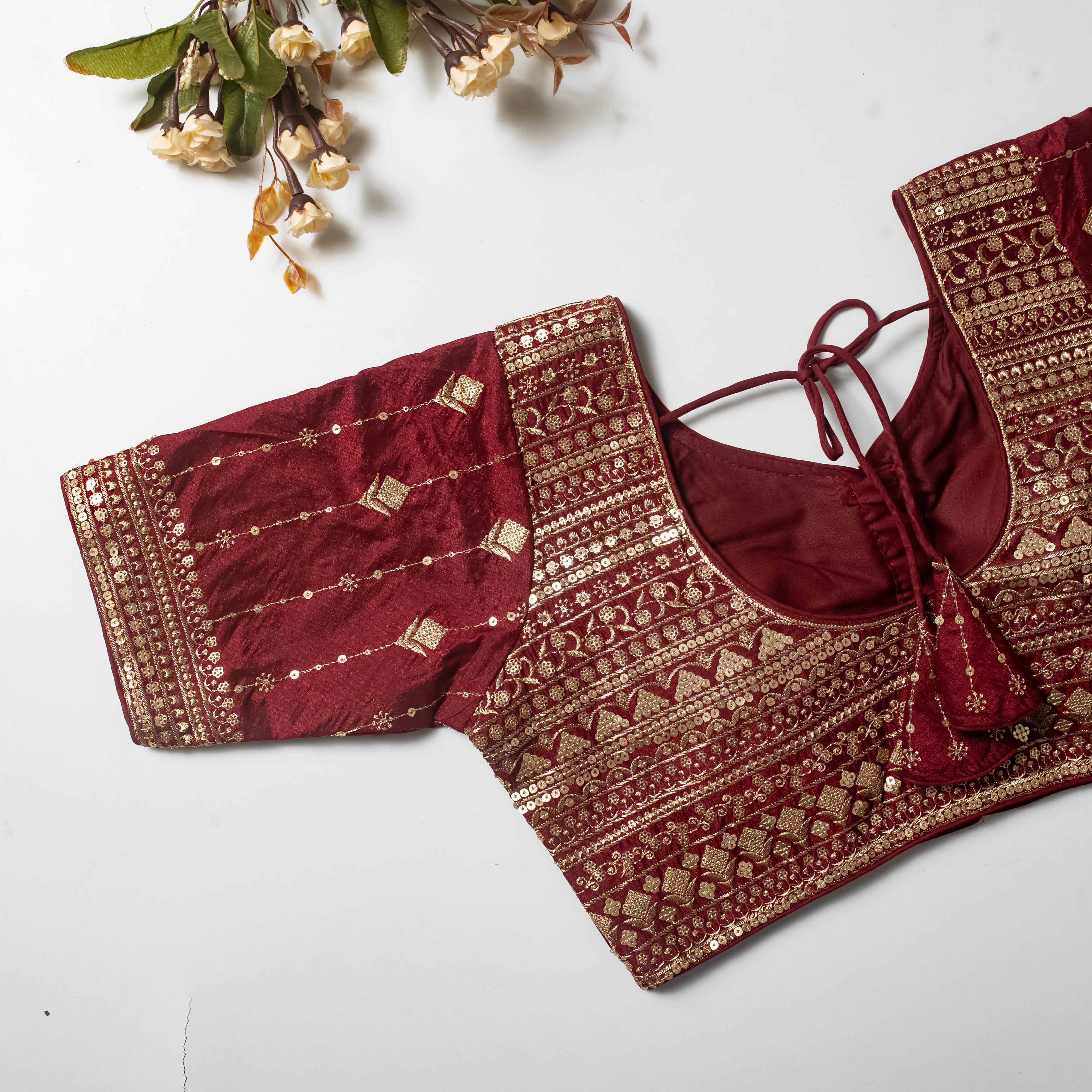 ClothsVilla Maroon Golden Embroidered Vibrant Silk Blouse with Sequins - view 2