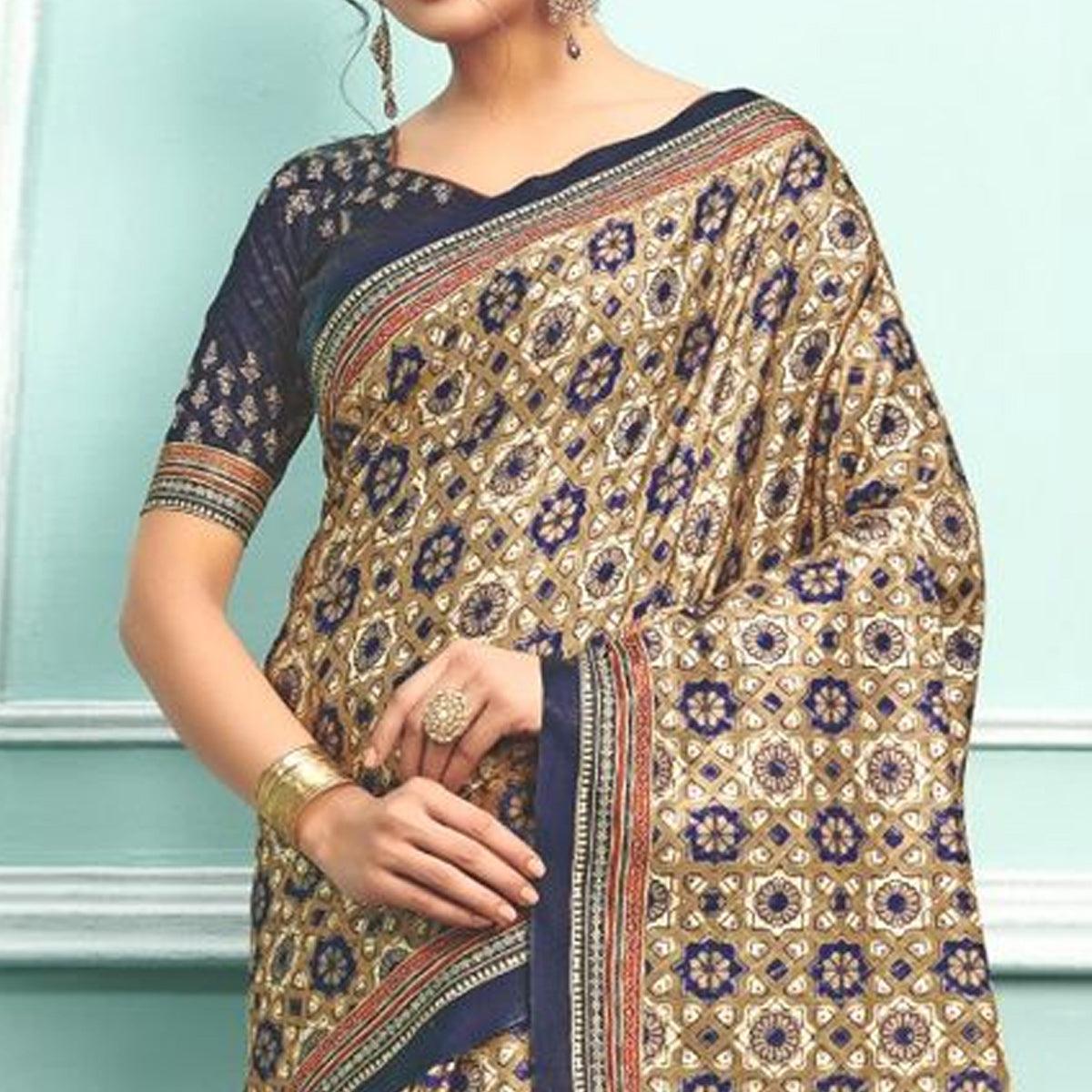Peachmode Brown Party Wear Satin Printed Saree With Unstitched Blouse - view 2