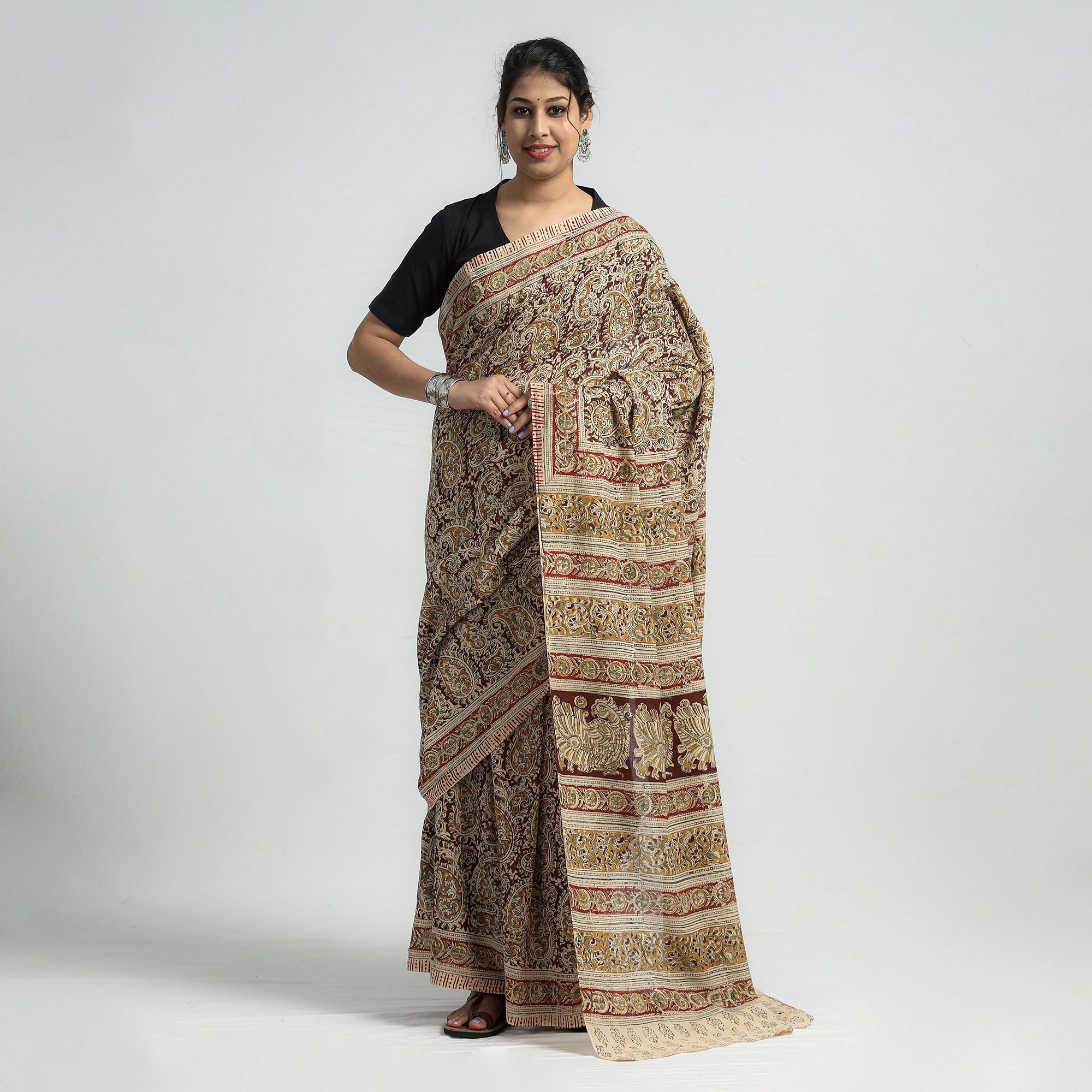 VENKATA BHANU KALAMKARI PEDANA Beige - Pedana Block Print Cotton Kalamkari Saree
