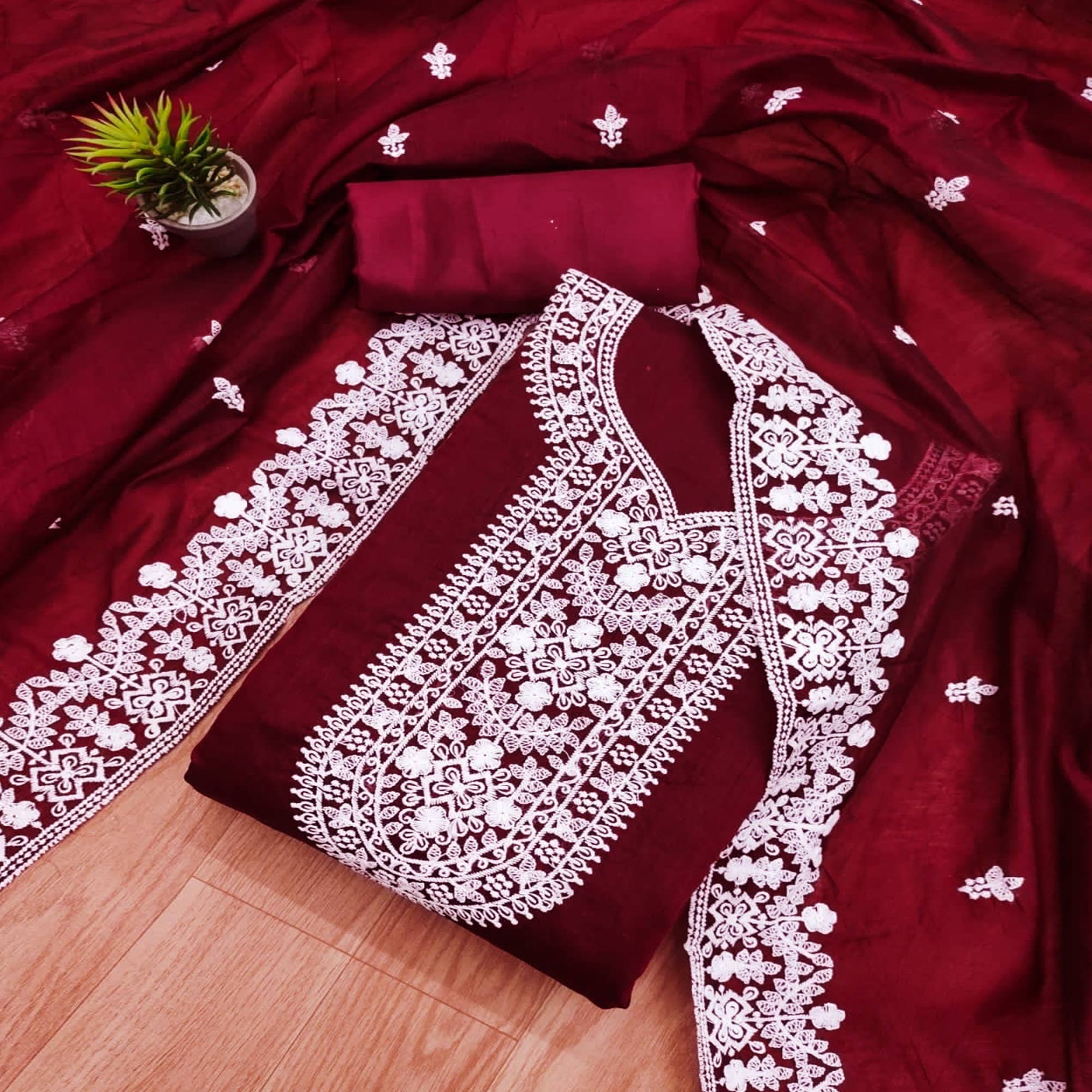 Peachmode Maroon Lucknowi Embroidered Modal Dress Material