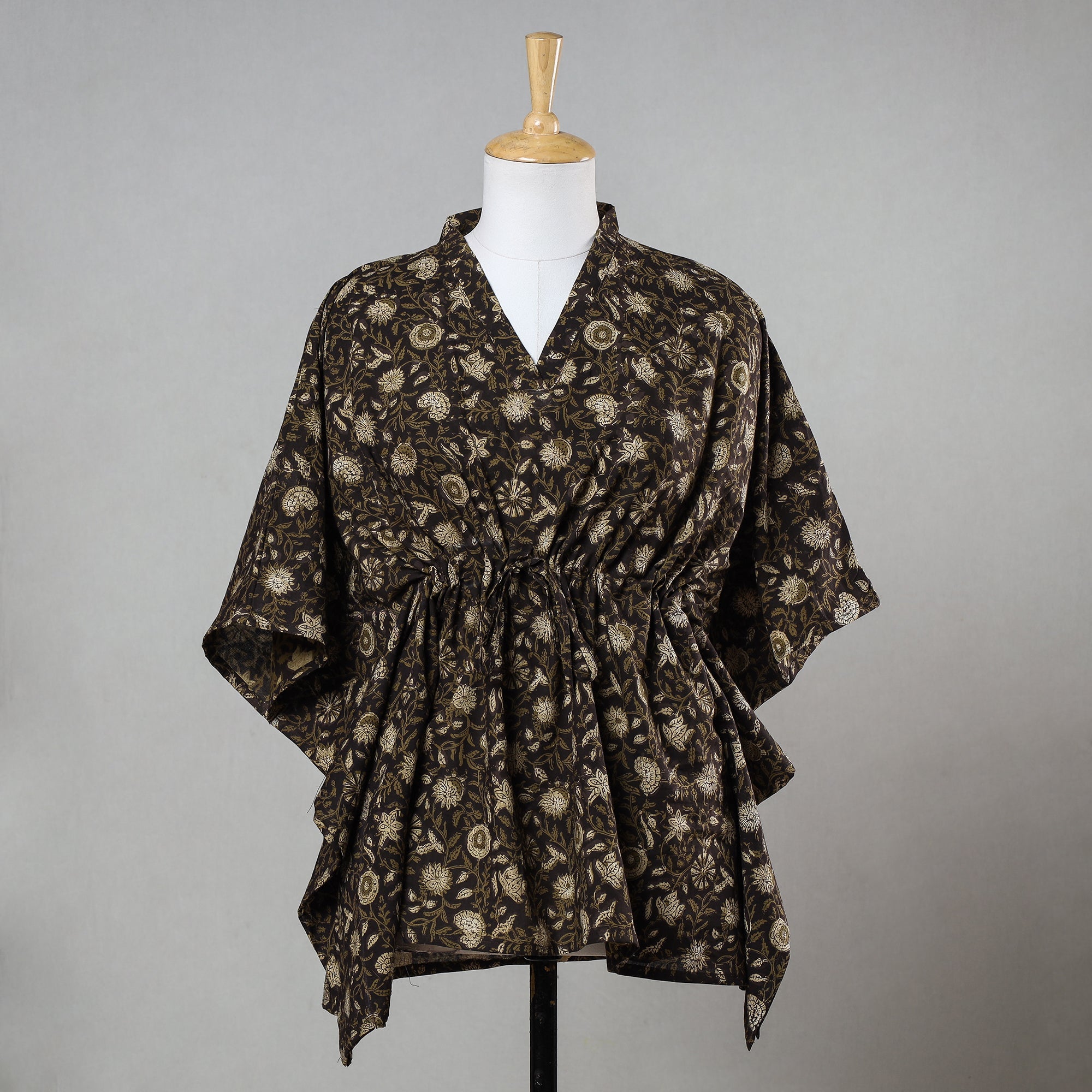 ITOKRI CASUALS Brown - Bagru Block Printed Cotton Kaftan with Tie-Up Waist (Short)