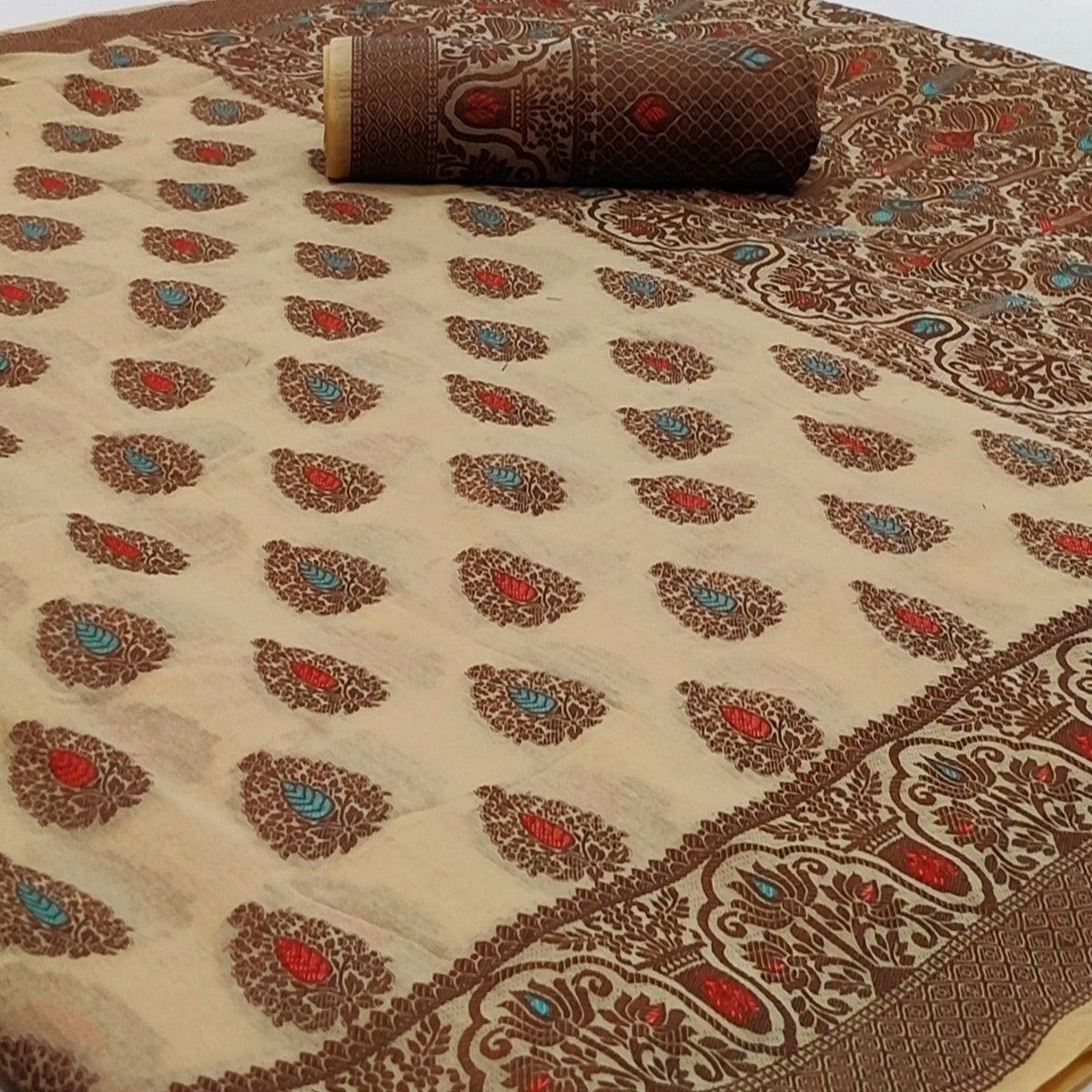 Peachmode Cream Festive Wear Woven Cotton Silk Saree - view 2