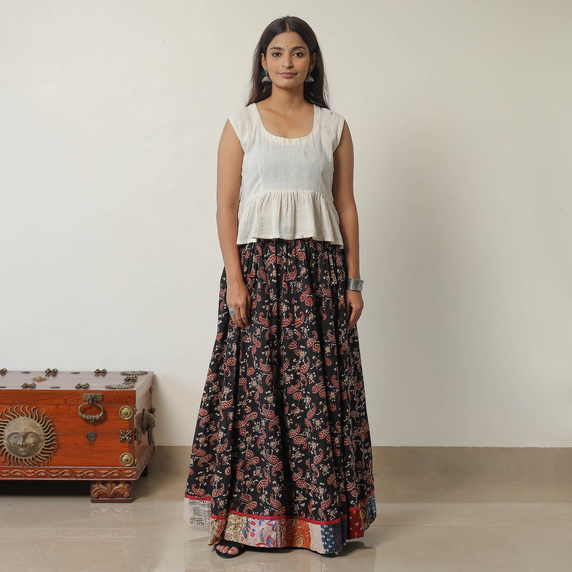 NOORI BAZAR Black - Bagru Block Printed 24 Kali Patchwork Cotton Long Skirt 36