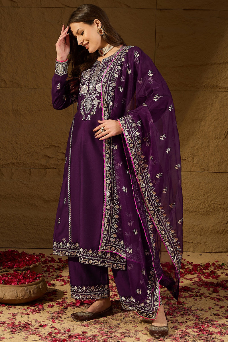 Ahika Purple Silk Blend Yoke Design Zari Straight Palazzo Suit Set PKSKD2488 - view 4