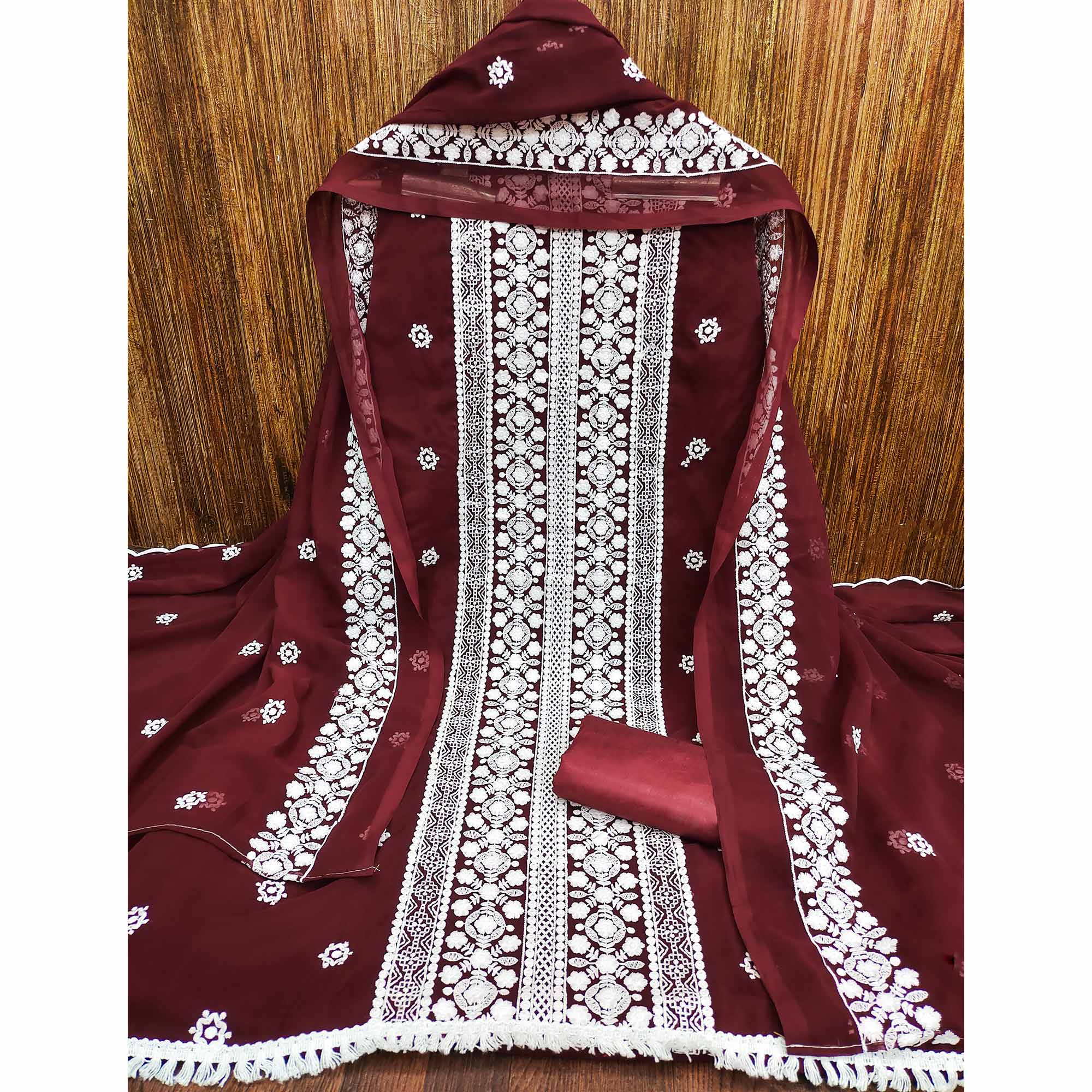 Peachmode Maroon Lucknowi Embroidered Georgette Dress Material - view 3