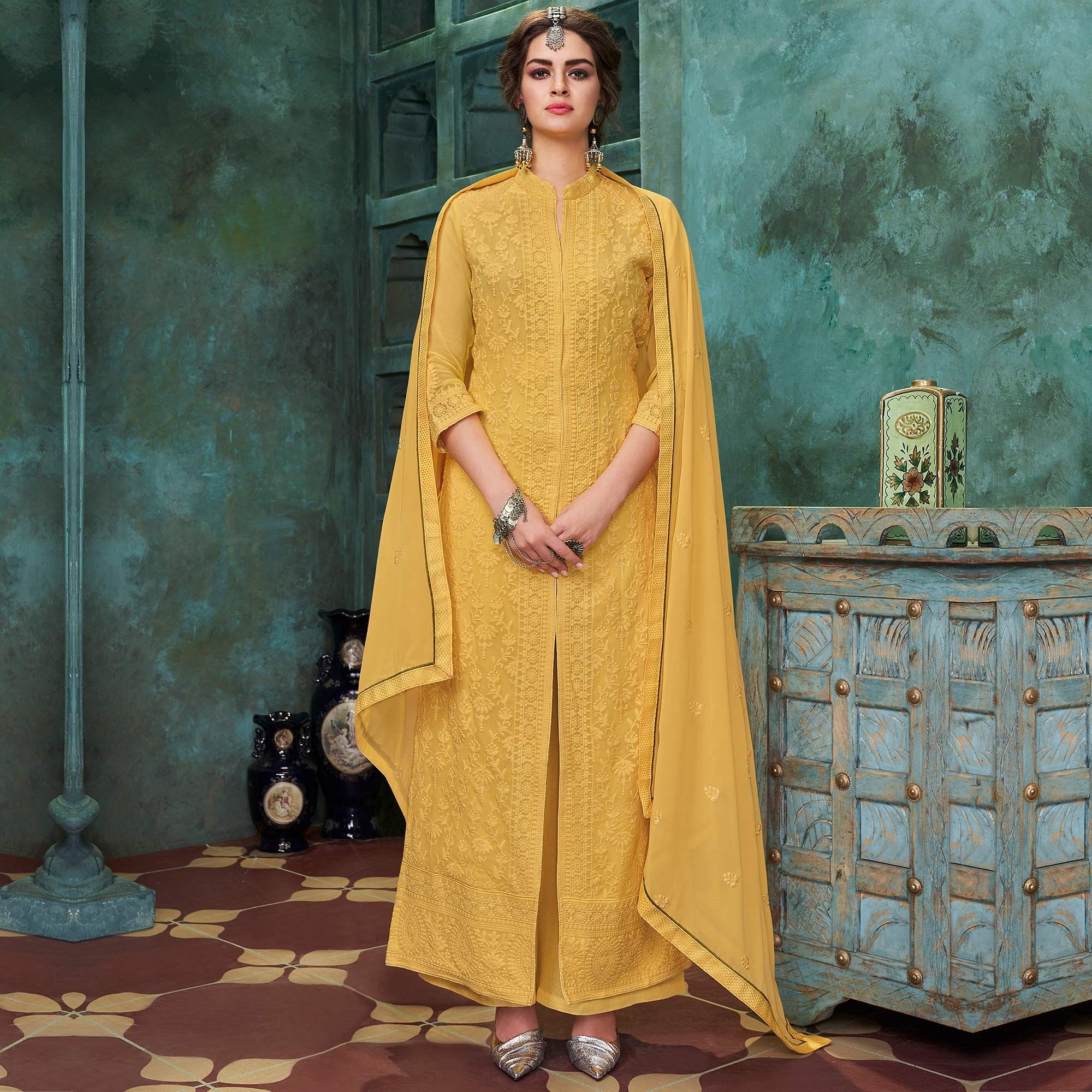 Peachmode Seller Glorious Yellow Colored Party Wear Embroidered Faux Georgette Palazzo Suit