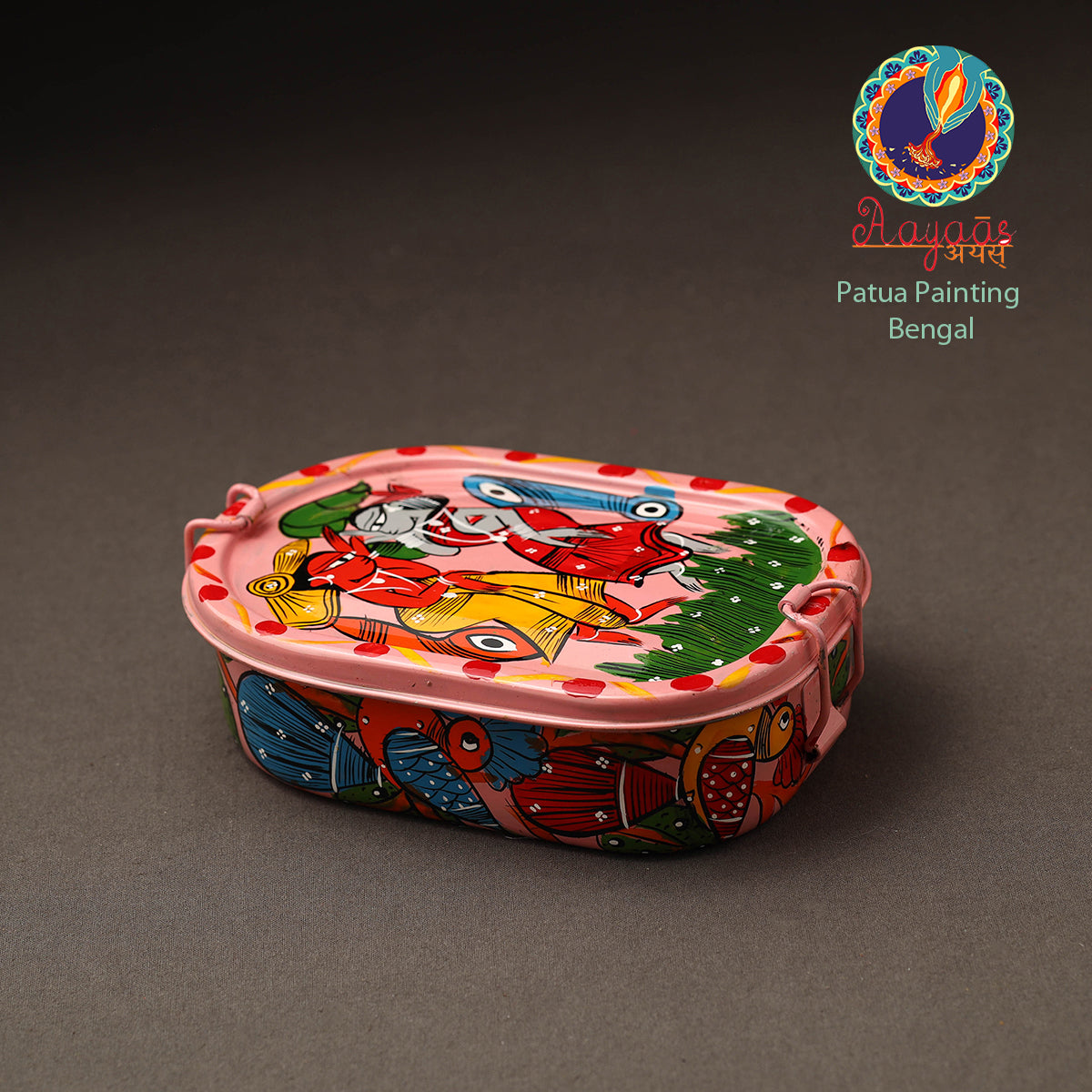 AAYAAS Bengal Patua Handpainted Stainless Steel Rectangle Lunch Box (6 x 4 in)