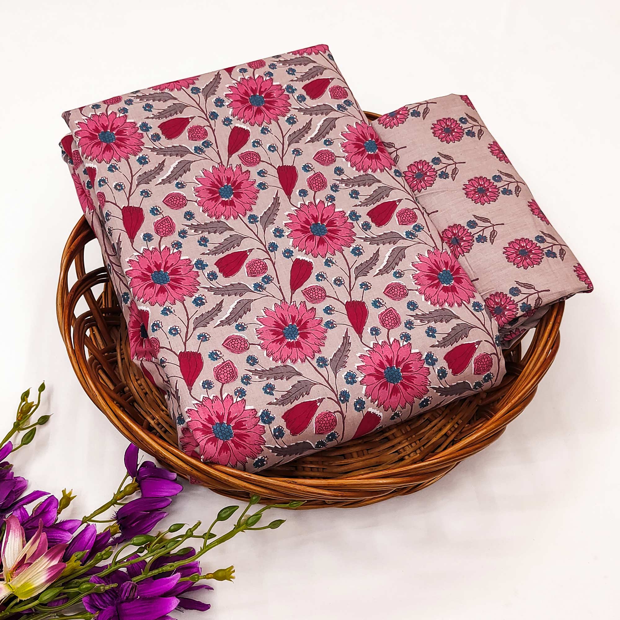 Brown Floral Printed Pure Cotton Dress Material