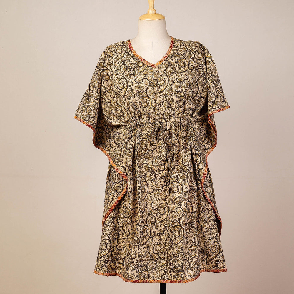 CHUTNEY CRAFT STUDIO Beige - Block Print Cotton Kalamkari Kaftan with Tie-Up Waist (Medium)