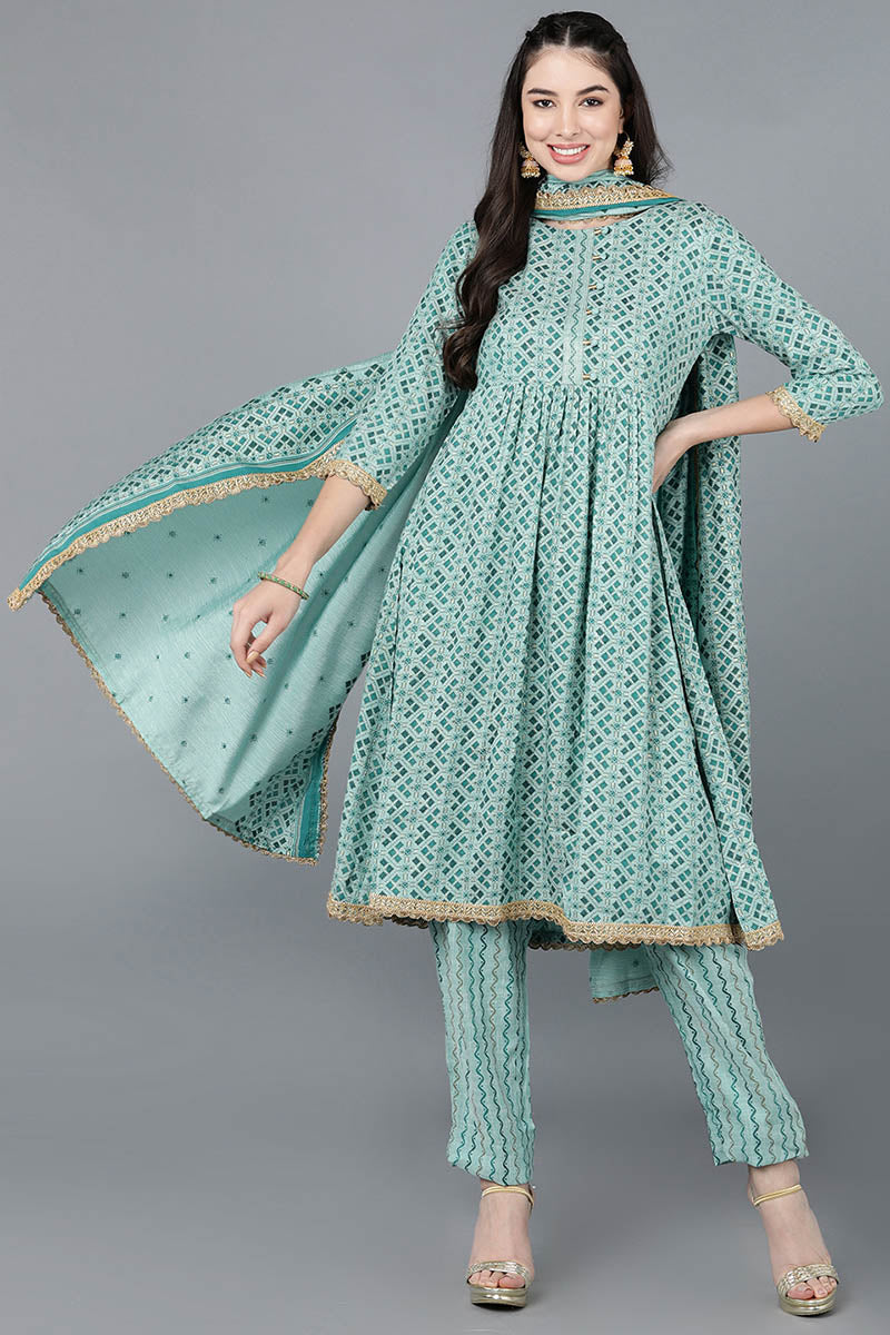 Ahika Sea Green Cotton blend Anarkali Kurta Pant With Dupatta VKSKD1463