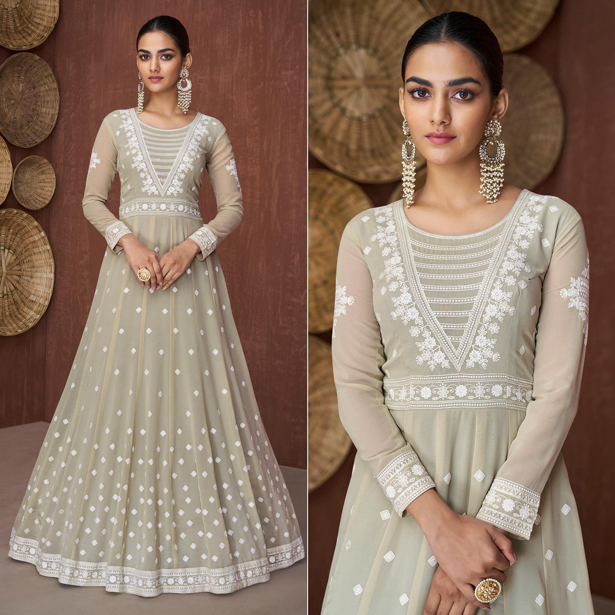 Peachmode Seller Light Olive Green Party Wear Heavy Embroidered Georgette Gown