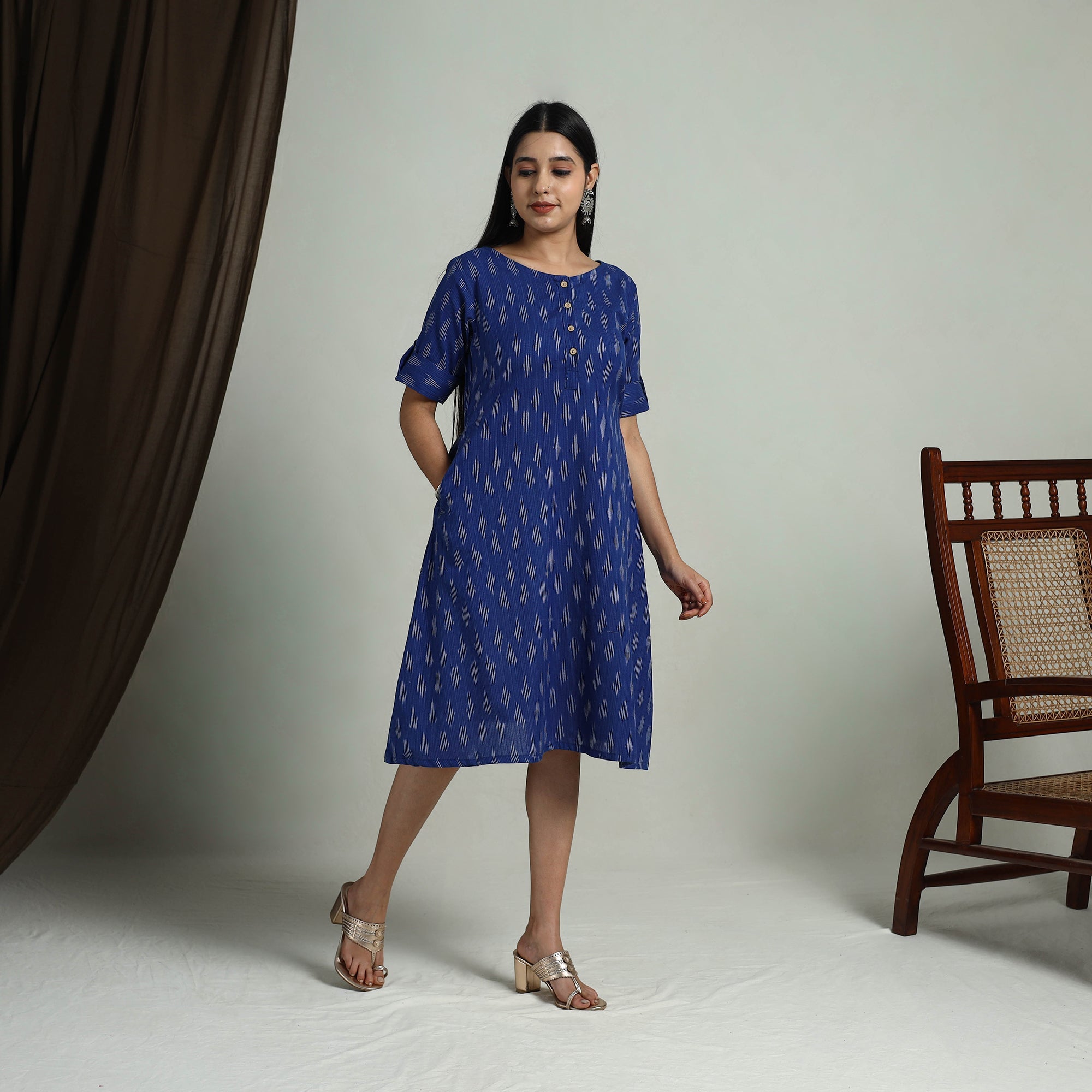 ITOKRI CASUALS Blue - Flared Cotton Short Pochampally Ikat Dress 11 - view 6