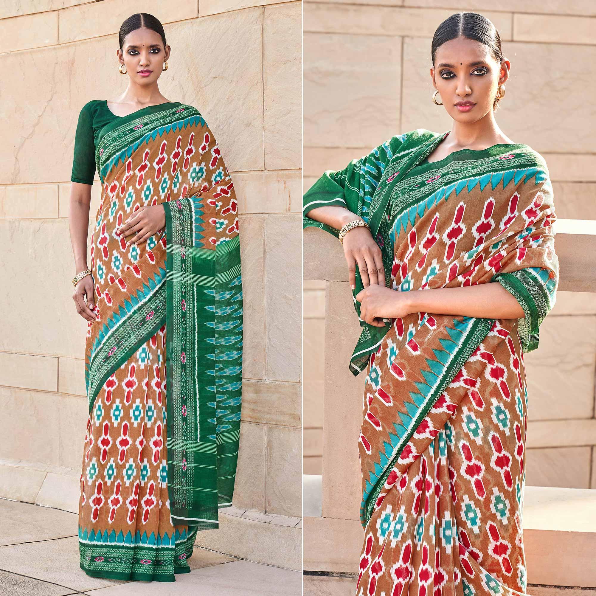 Peachmode Brown Printed Cotton Blend Saree – Women's