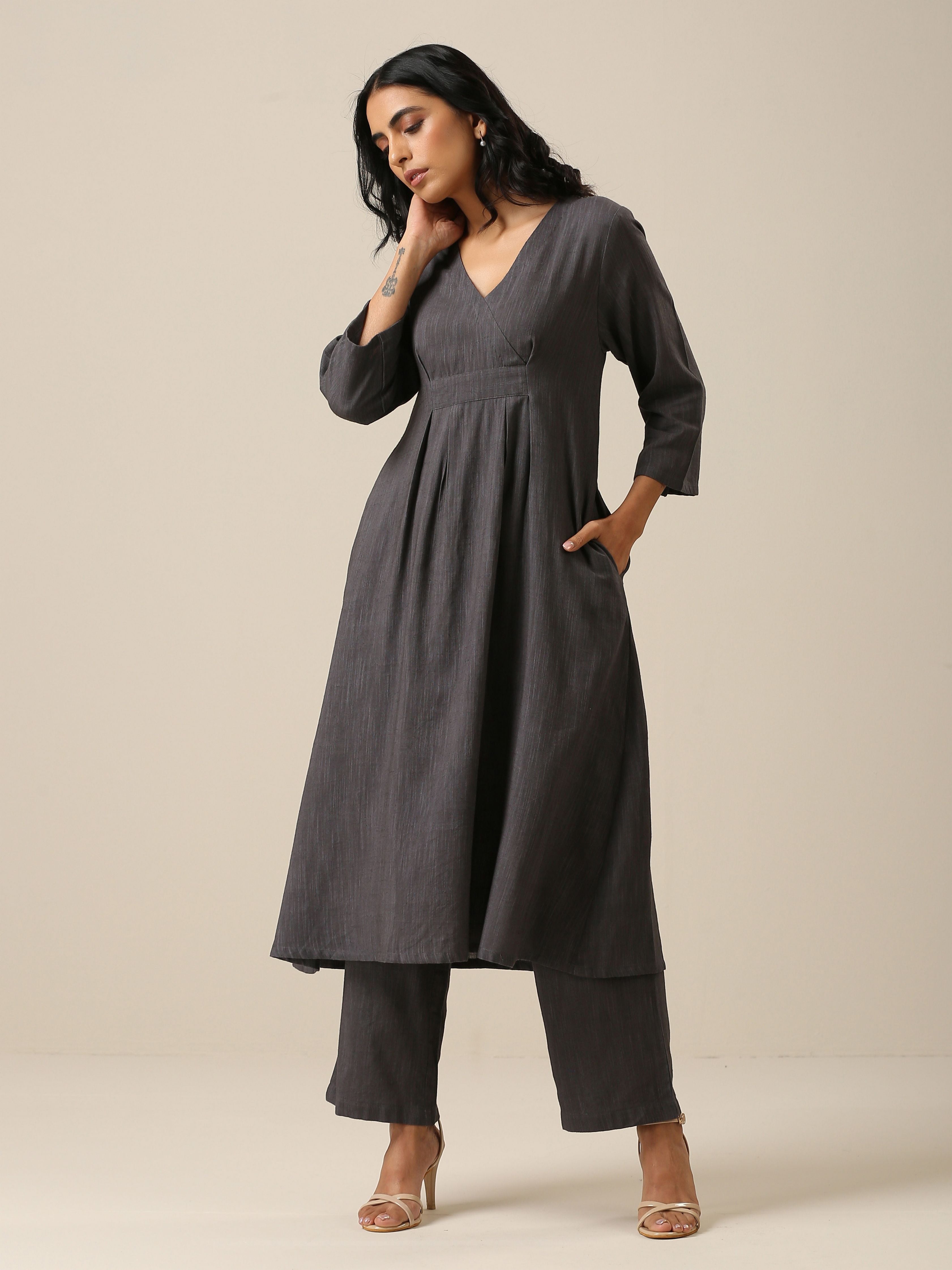 Slate Grey Slub Texture Overlap Pleat Kurta Pant Set | Relove - view 2