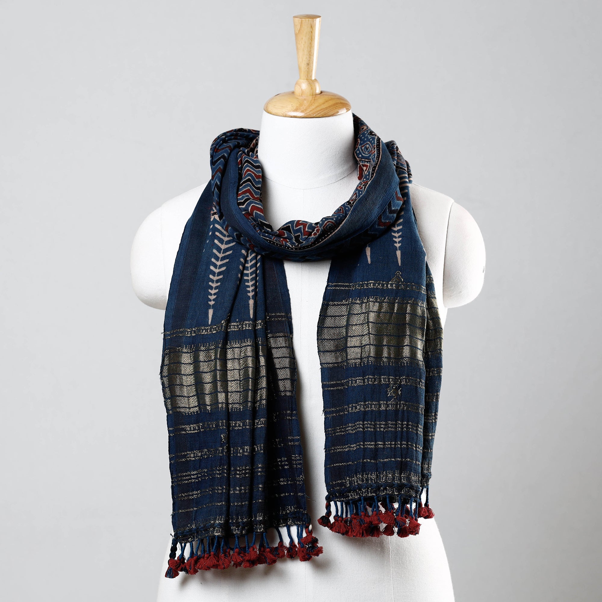 KACHCHH JI CHHAAP Blue - Ajrakh Prints Kutch Bhujodi Kala Cotton Handwoven Zari Work Stole