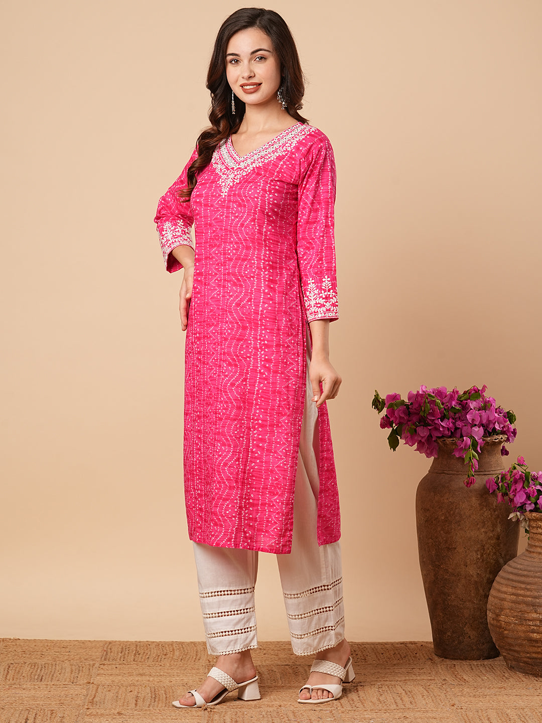 Fashor Bandhani Printed Ethnic Embroidered Straight Fit Kurta - Pink - view 4
