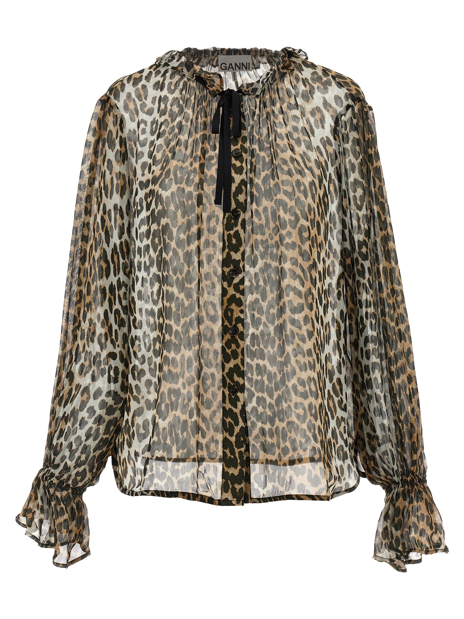 Ganni Leopard Print Chiffon Tie String Shirt – 100% viscose