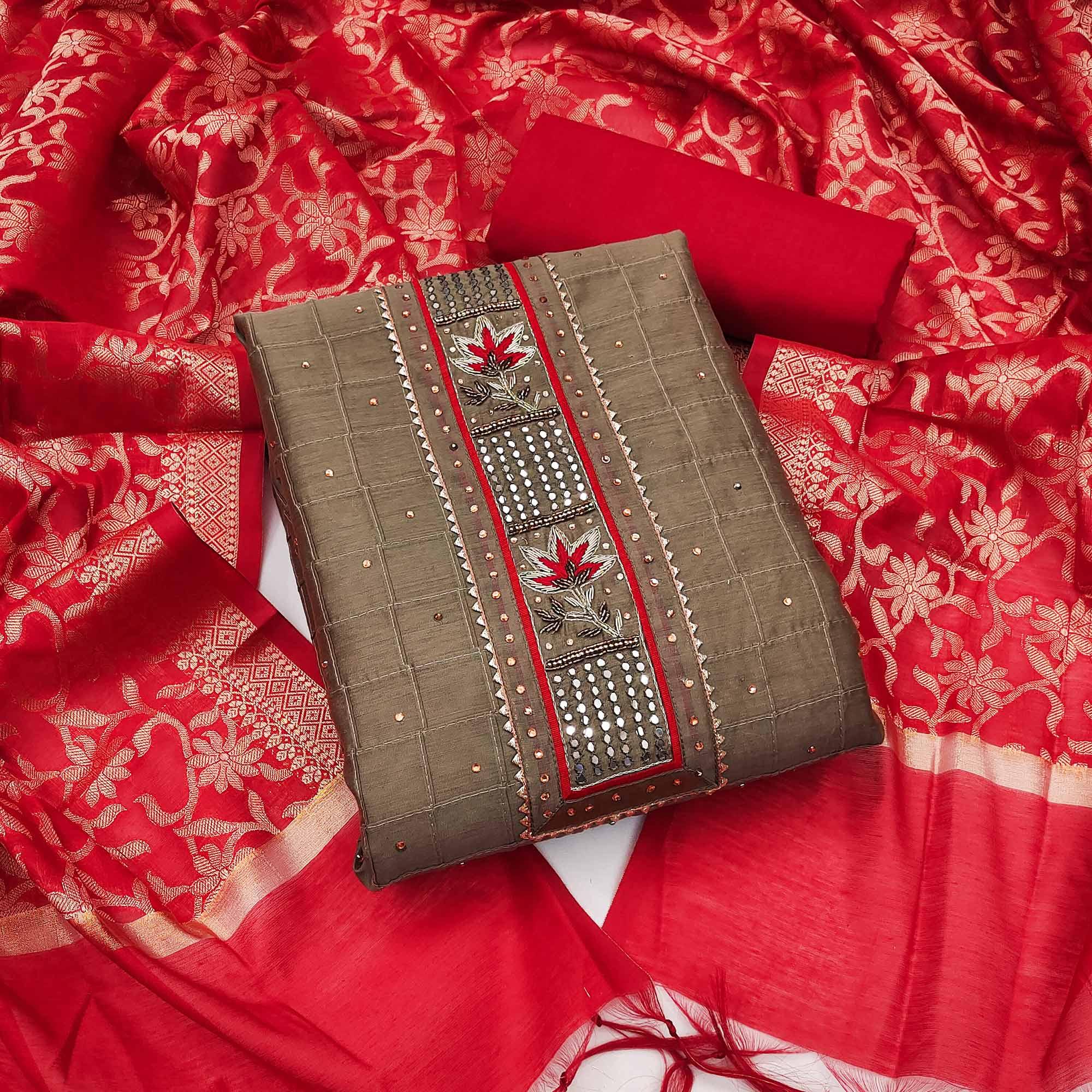 Peachmode Brown Festive Wear Embellished Chanderi Dress Material