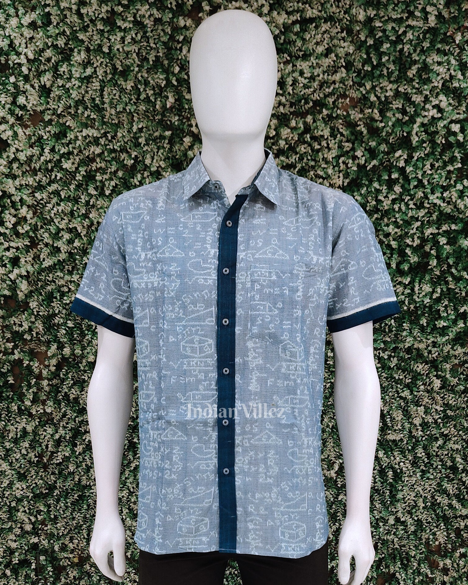 IndianVillèz Light Blue Chemical Formula Odisha Ikat Cotton Half Sleeve Shirt for Men