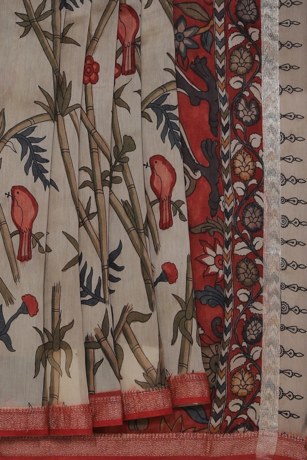 Kalanjali Kalamkari Hand-Painted Beige Saree – Women's