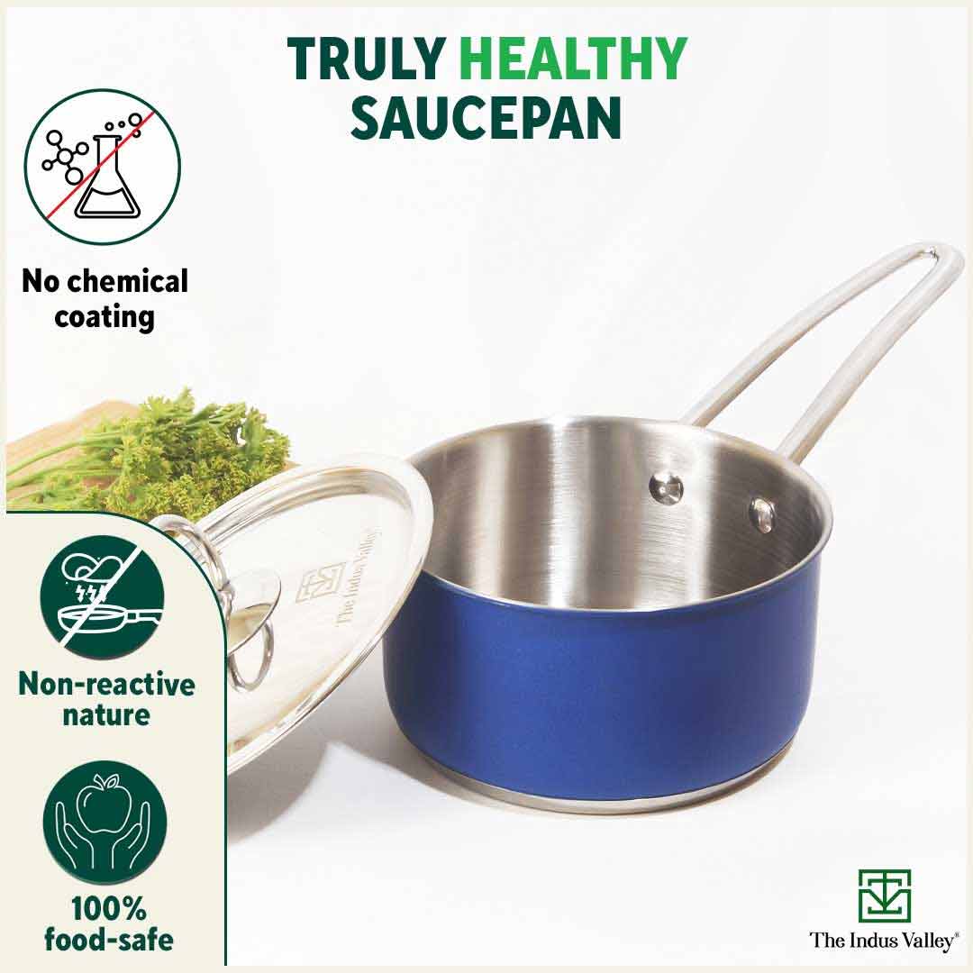 The Indus Valley Tri-Steel Premium Stainless Steel Saucepan/ Milk/ Tea Pan, Tri-ply (3 Layer) Induction Bottom, Steel Lid, 1.4L, Blue - view 4