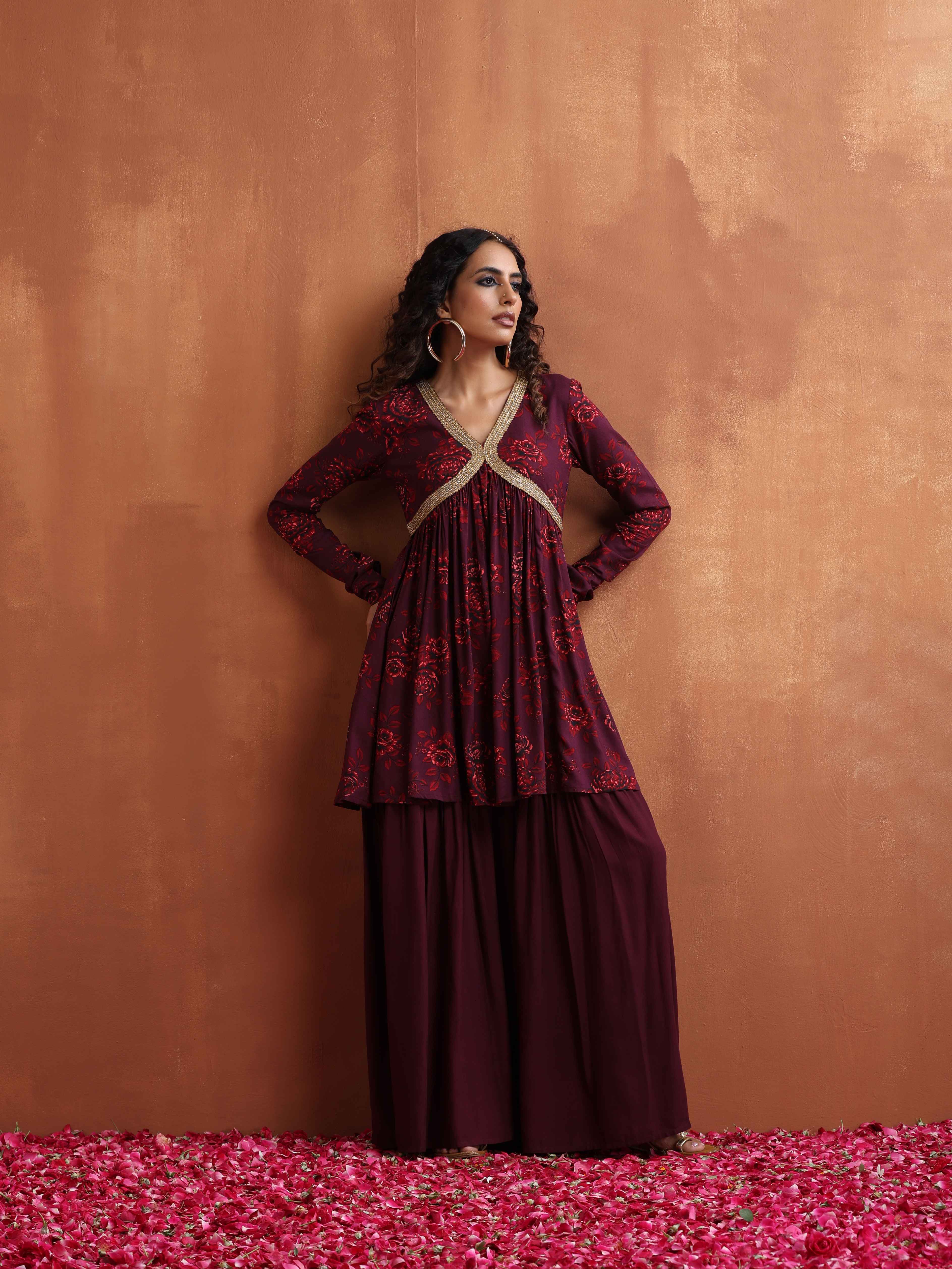 trueBrowns Purple Floral Print Sharara Set - view 2