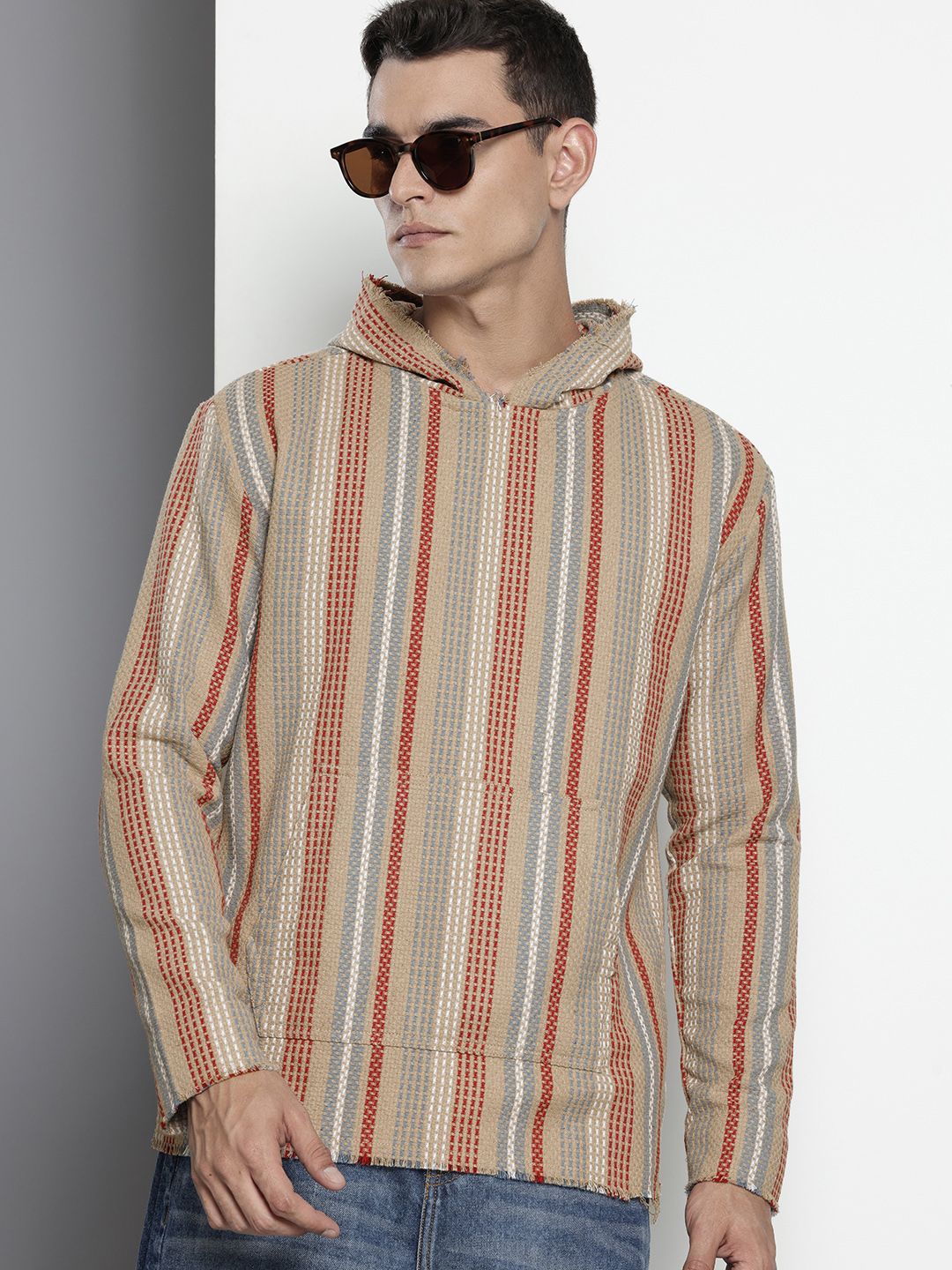 The Indian Garage Co Men's Brown Relaxed Fit Vertical Stripes Resort Wear Shirt