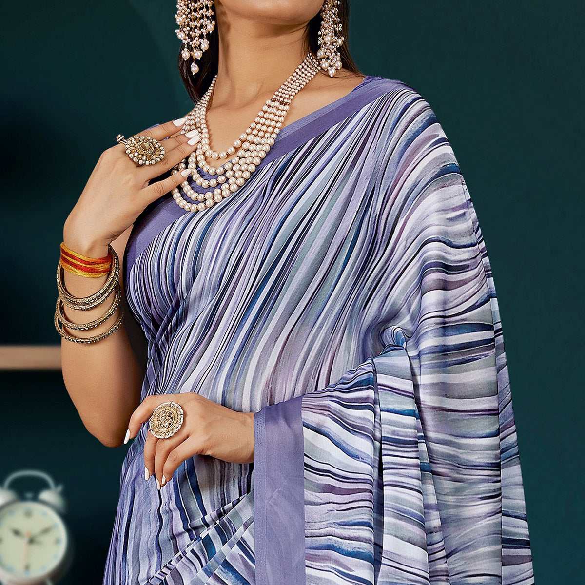 Peachmode Light Purple Digital Printed Satin Saree - view 2