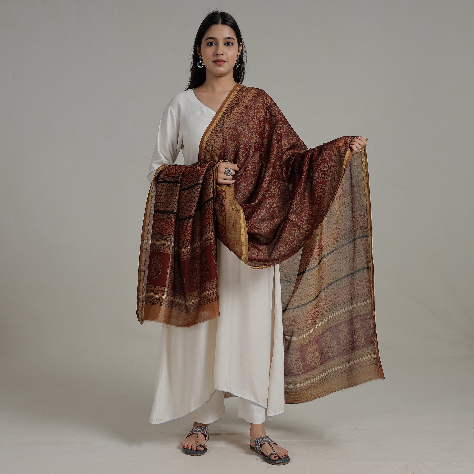 BAGH PRINTS BY MOHAMMED RAFIK KHATRI Brown - Natural Dyed Hand Block Print Chanderi Silk Bagh Dupatta 20
