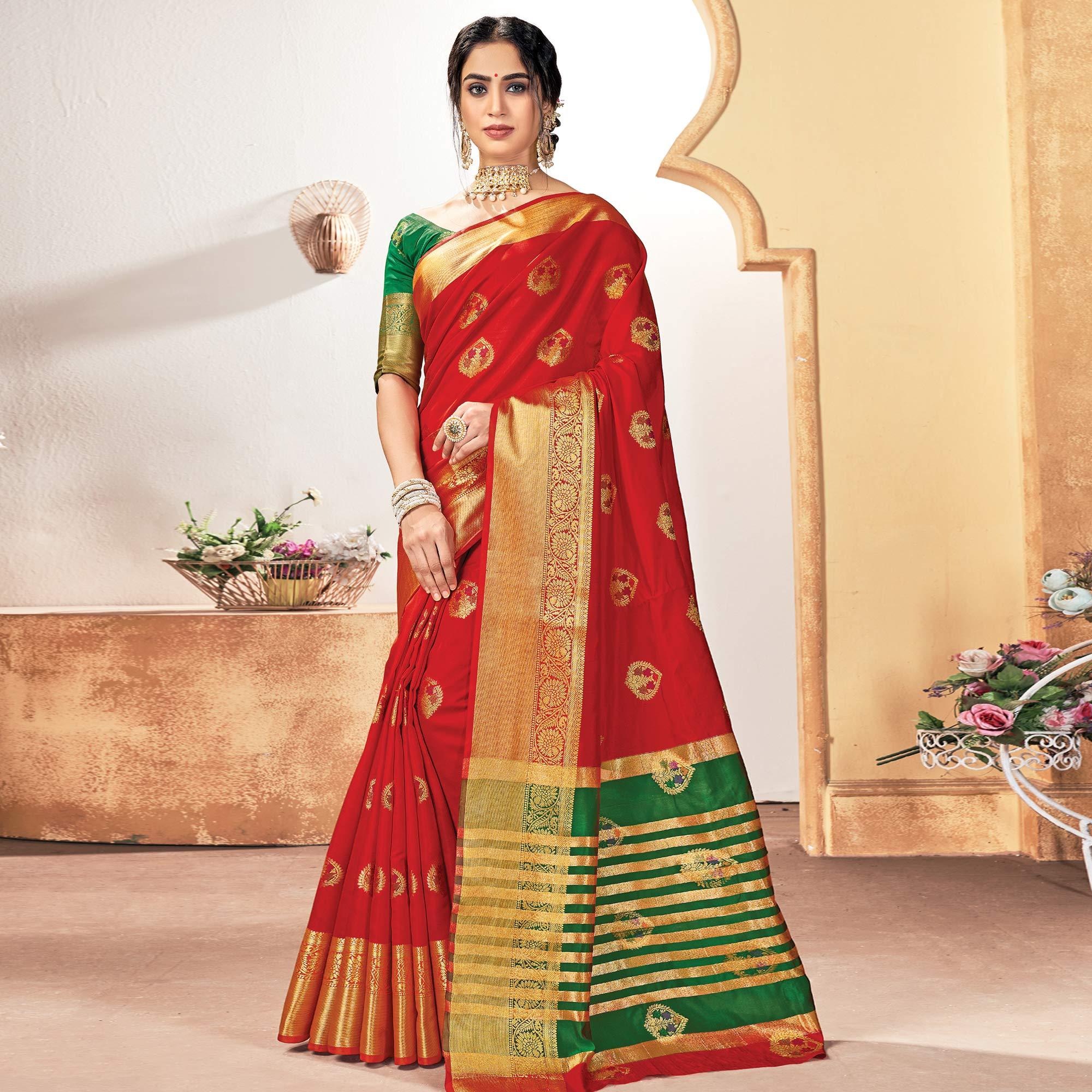 Peachmode Engrossing Red Colored Festive Wear Woven Silk Saree