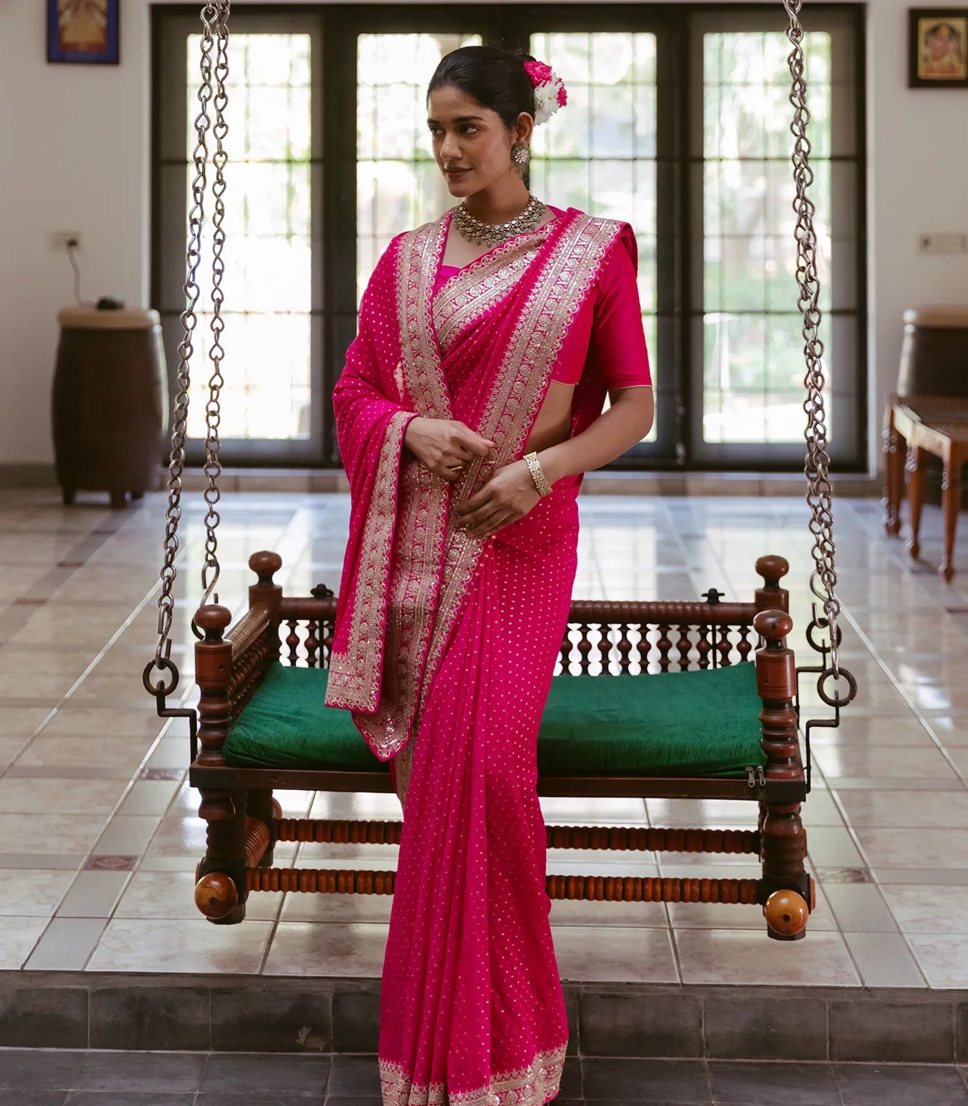 RmKV Pink Woven Georgette Saree With Floral Embroidery