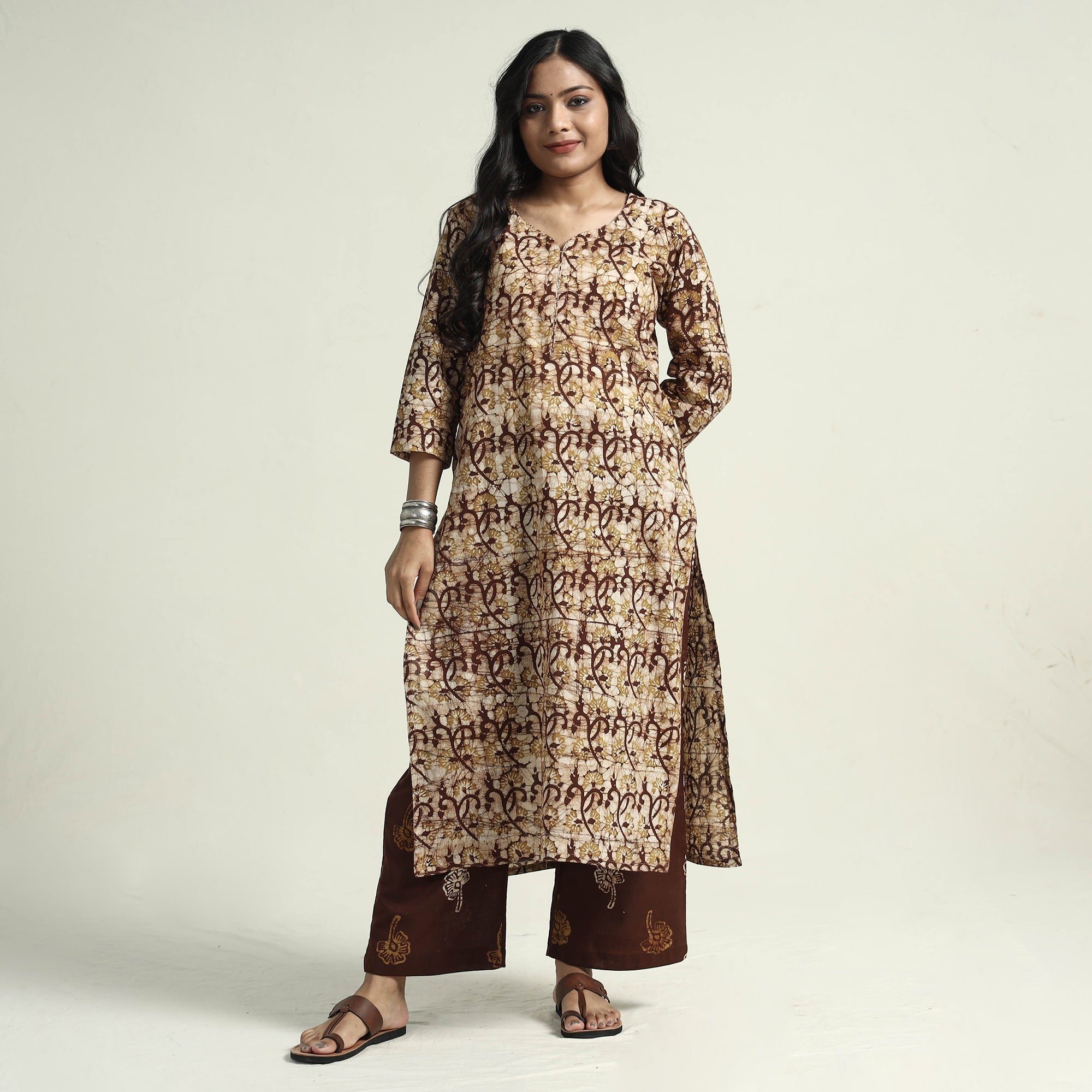 ITOKRI CASUALS Brown - Hand Batik Printed Cotton Kurta with Palazzo & Dupatta Set - view 4