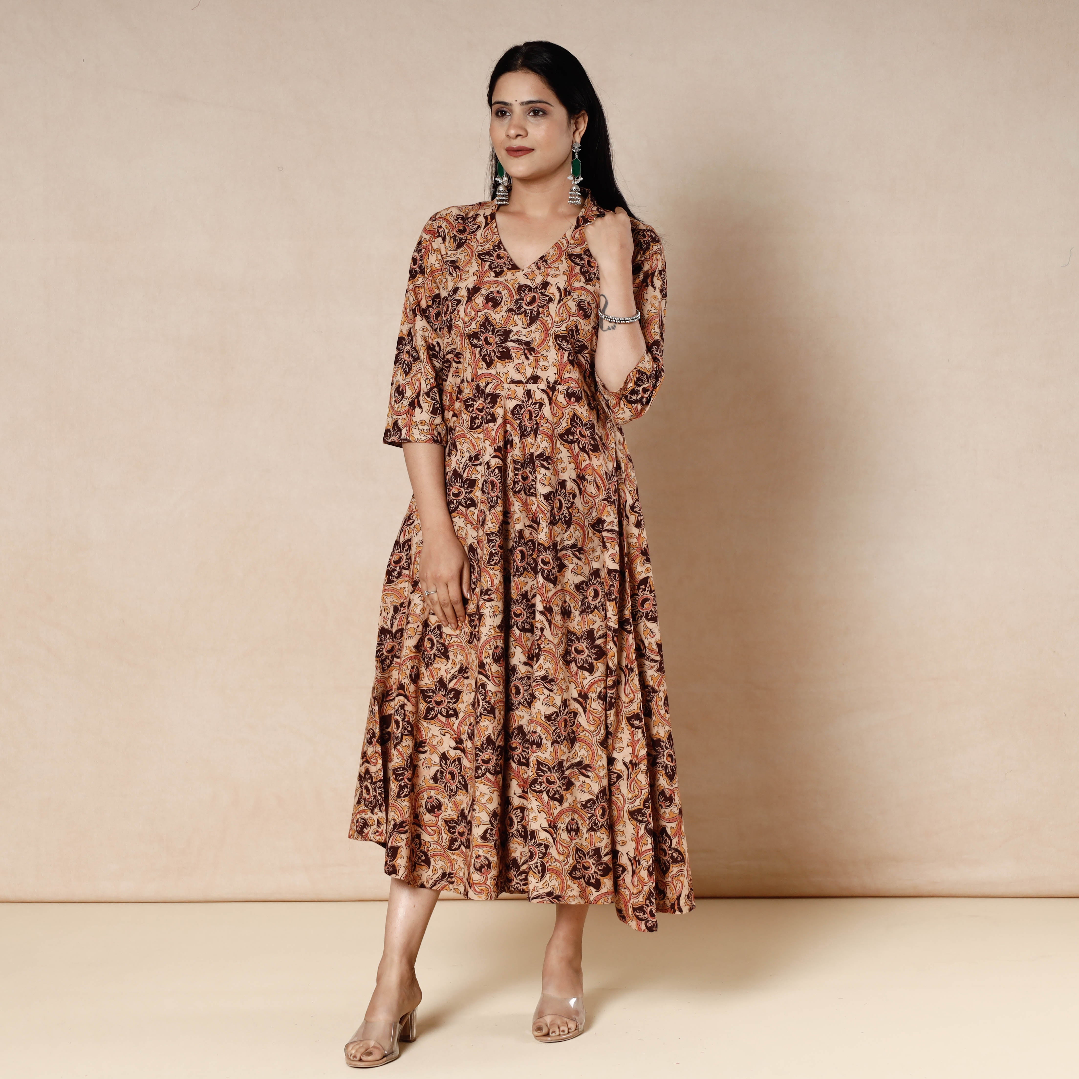 ITOKRI CASUALS Brown - Kalamkari Block Printed Cotton Flared Gher Dress - view 2