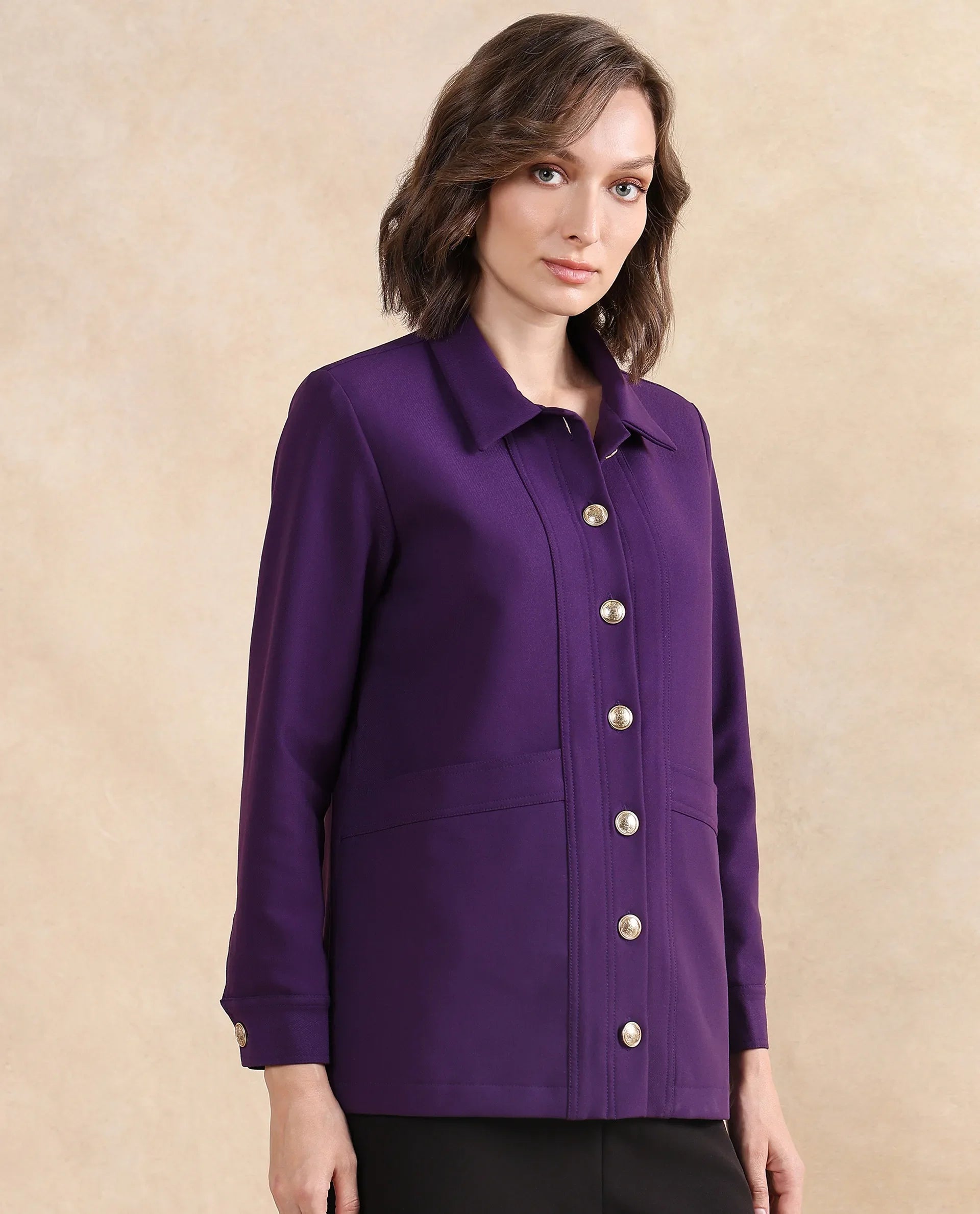 Rareism Women Yeppon Purple Cuffed Sleeve Collared Neck Button Closure Boxy Fit Hip Length Plain Jacket - view 5