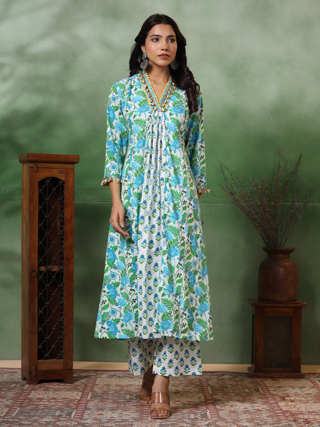 FASHOR Ethnic Floral Printed A-Line Paneled Kurta with Palazzo - Green