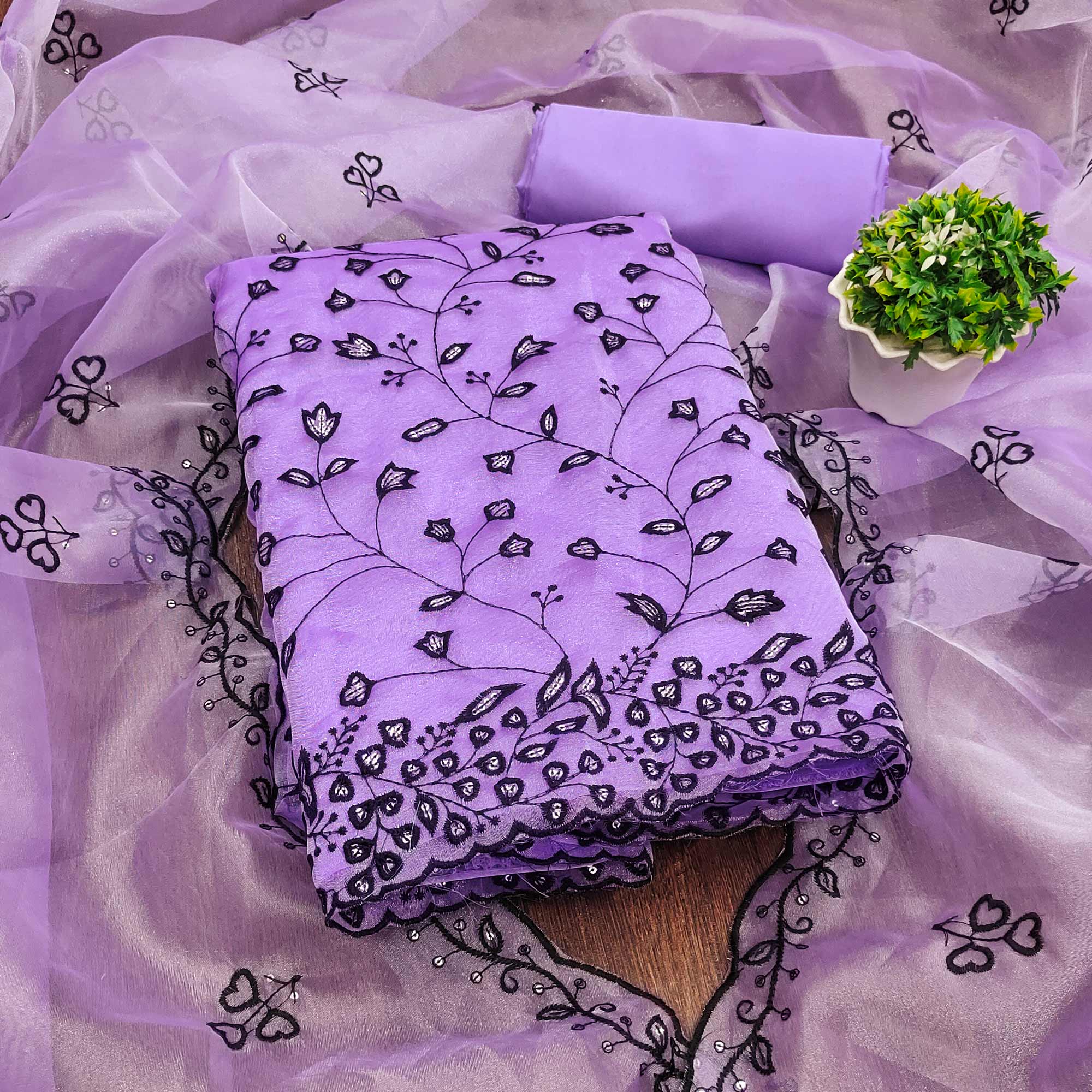 Peachmode Lavender Floral Sequins Embroidered Organza Dress Material - view 3