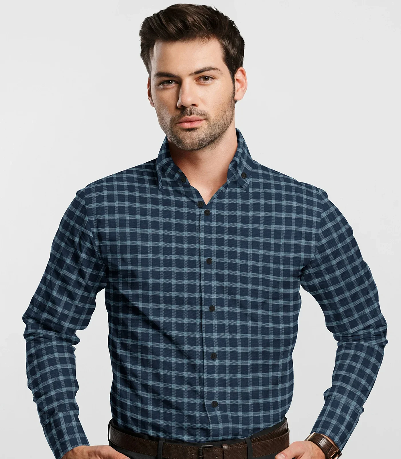 RmKV Navy Blue Checked Twill Weave Formal Shirt-Navy Blue - view 2