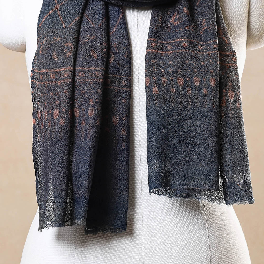 AJRAKH BY JABBAR KHATRI Blue - Ajrakh Hand Block Printed Pure Woolen Stole - view 3