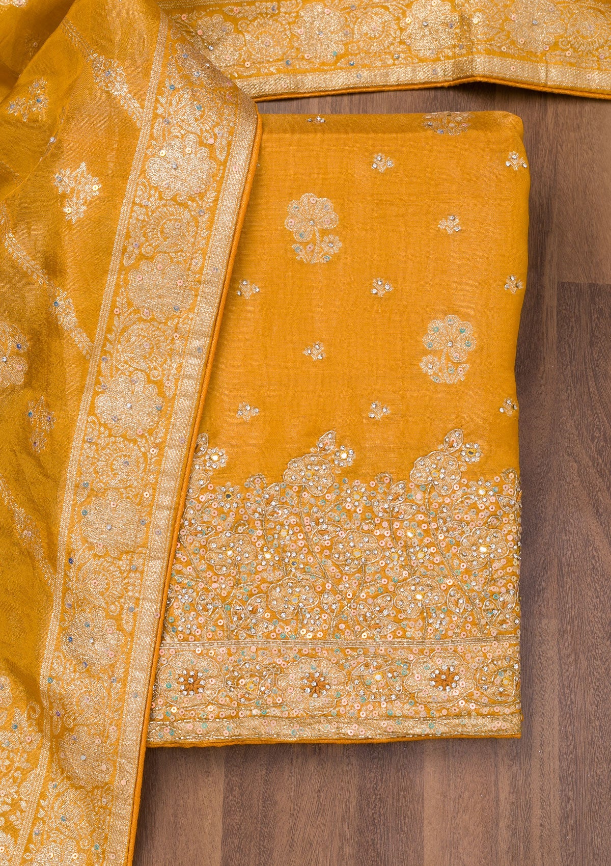 Koskii Mustard Zariwork Semi Crepe Unstitched Salwar Suit - view 6